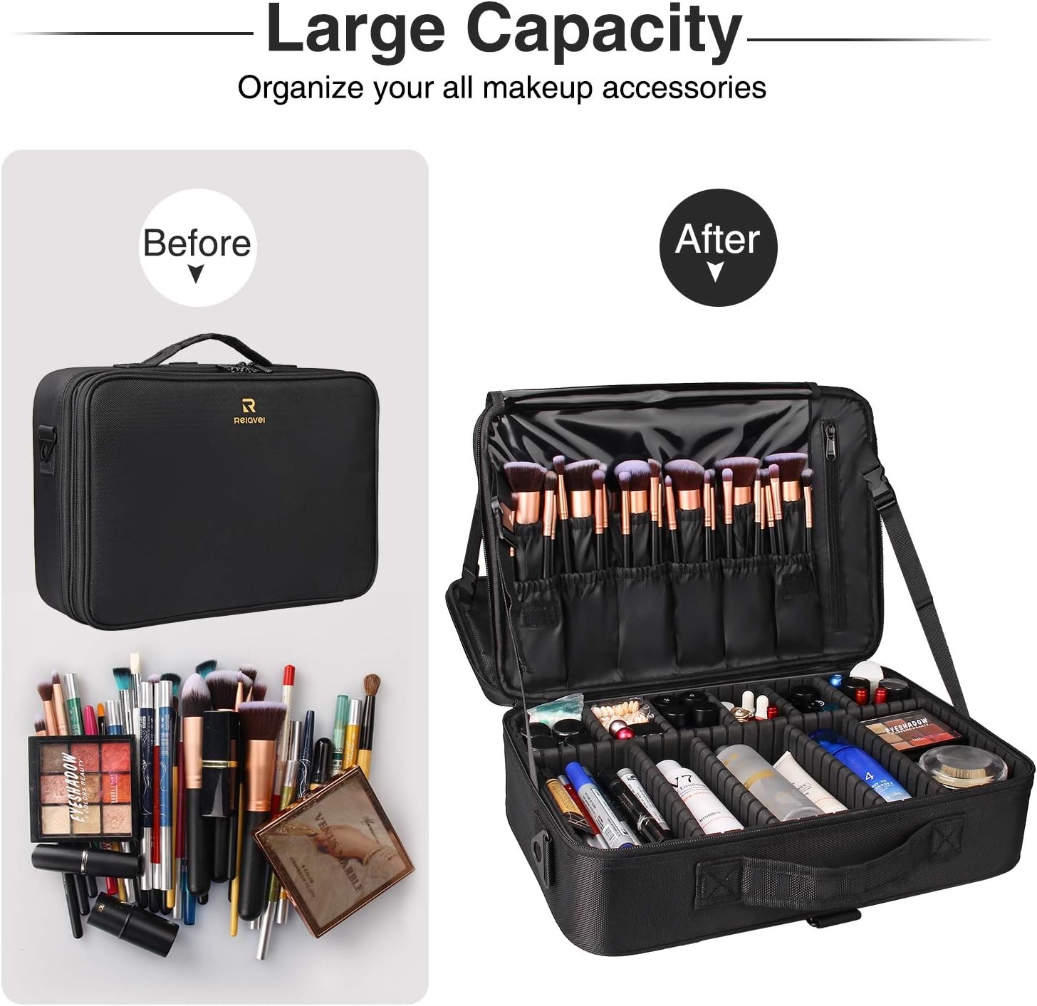 image:imageRelavel Makeup Case Large Makeup Bag Professional Train Case 165 inches Travel Cosmetic Organizer Brush Holder Waterproof Makeup Artist Storage Box 3 Layer Large Capacity with Adjustable StrapBlack