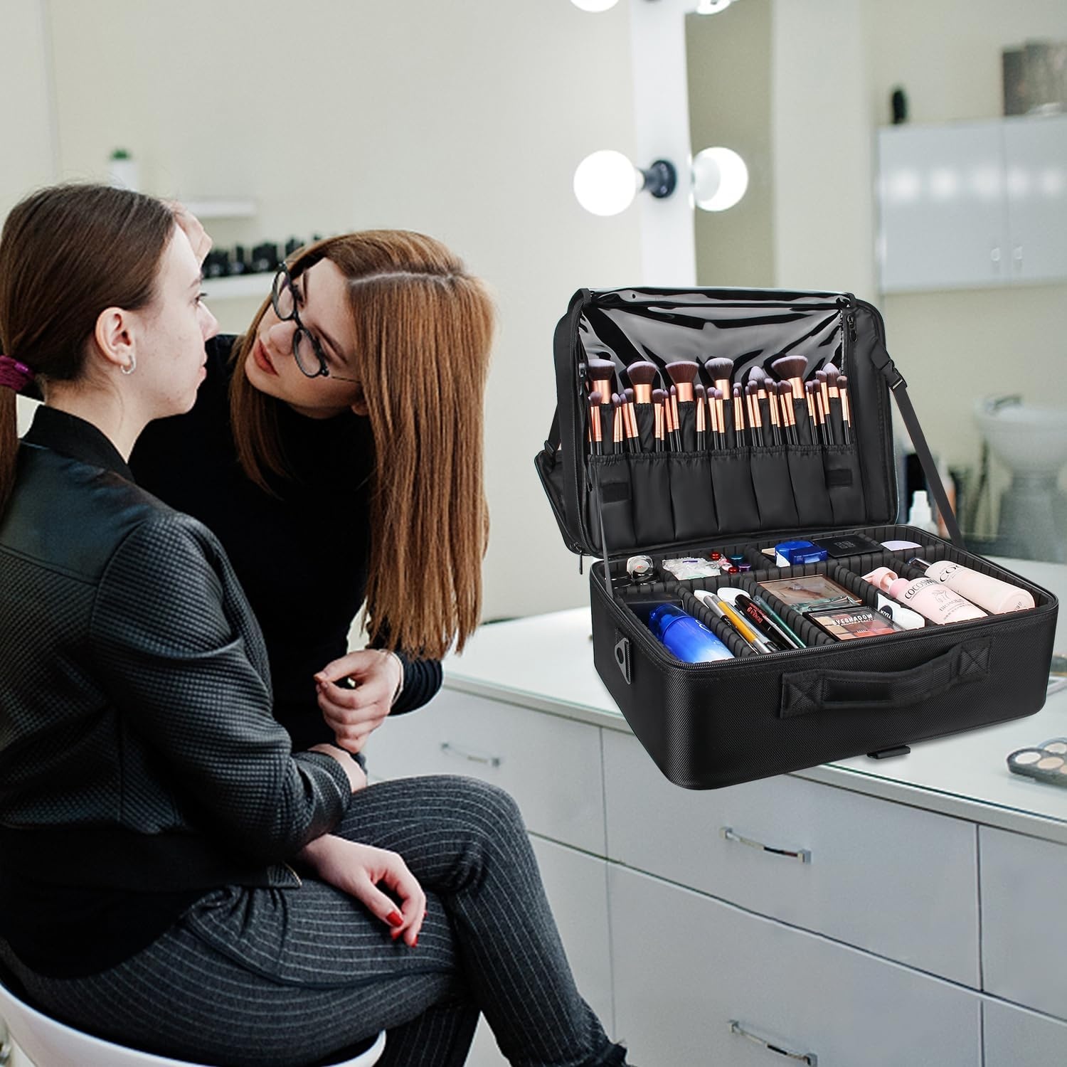 image:imageRelavel Makeup Case Large Makeup Bag Professional Train Case 165 inches Travel Cosmetic Organizer Brush Holder Waterproof Makeup Artist Storage Box 3 Layer Large Capacity with Adjustable Strappro black