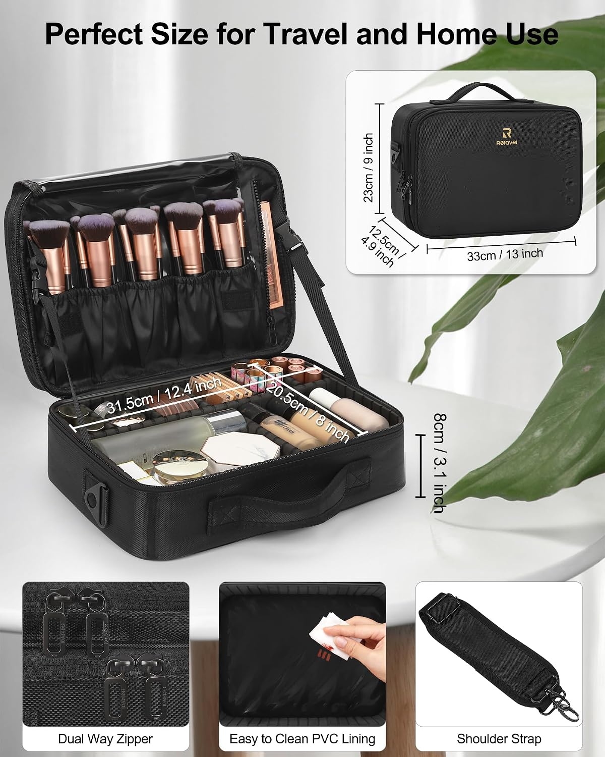 image:imageRelavel Makeup Case Large Makeup Bag Professional Train Case 165 inches Travel Cosmetic Organizer Brush Holder Waterproof Makeup Artist Storage Box 3 Layer Large Capacity with Adjustable Strapm Black