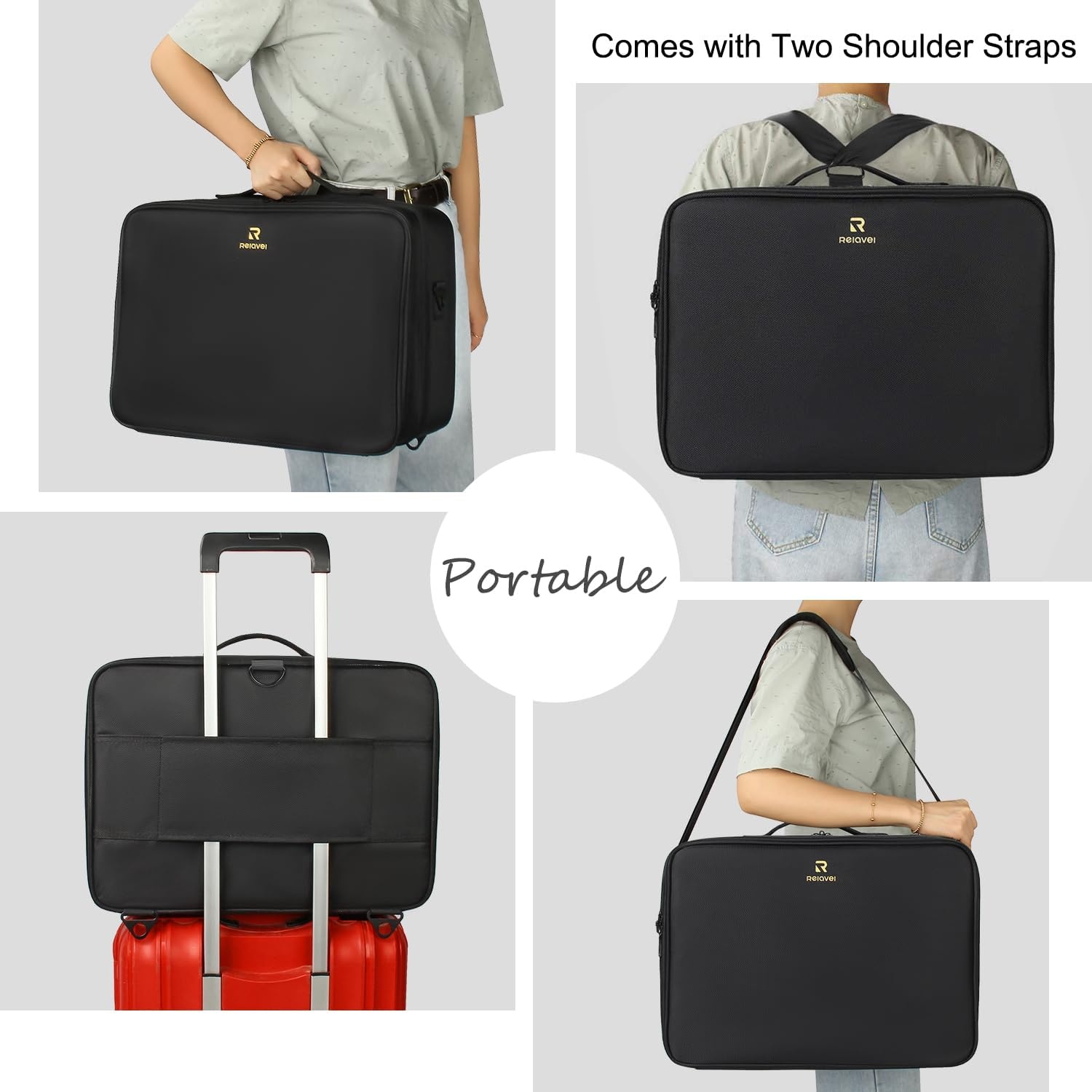 image:imageRelavel Makeup Case Large Makeup Bag Professional Train Case 165 inches Travel Cosmetic Organizer Brush Holder Waterproof Makeup Artist Storage Box 3 Layer Large Capacity with Adjustable Strappro black