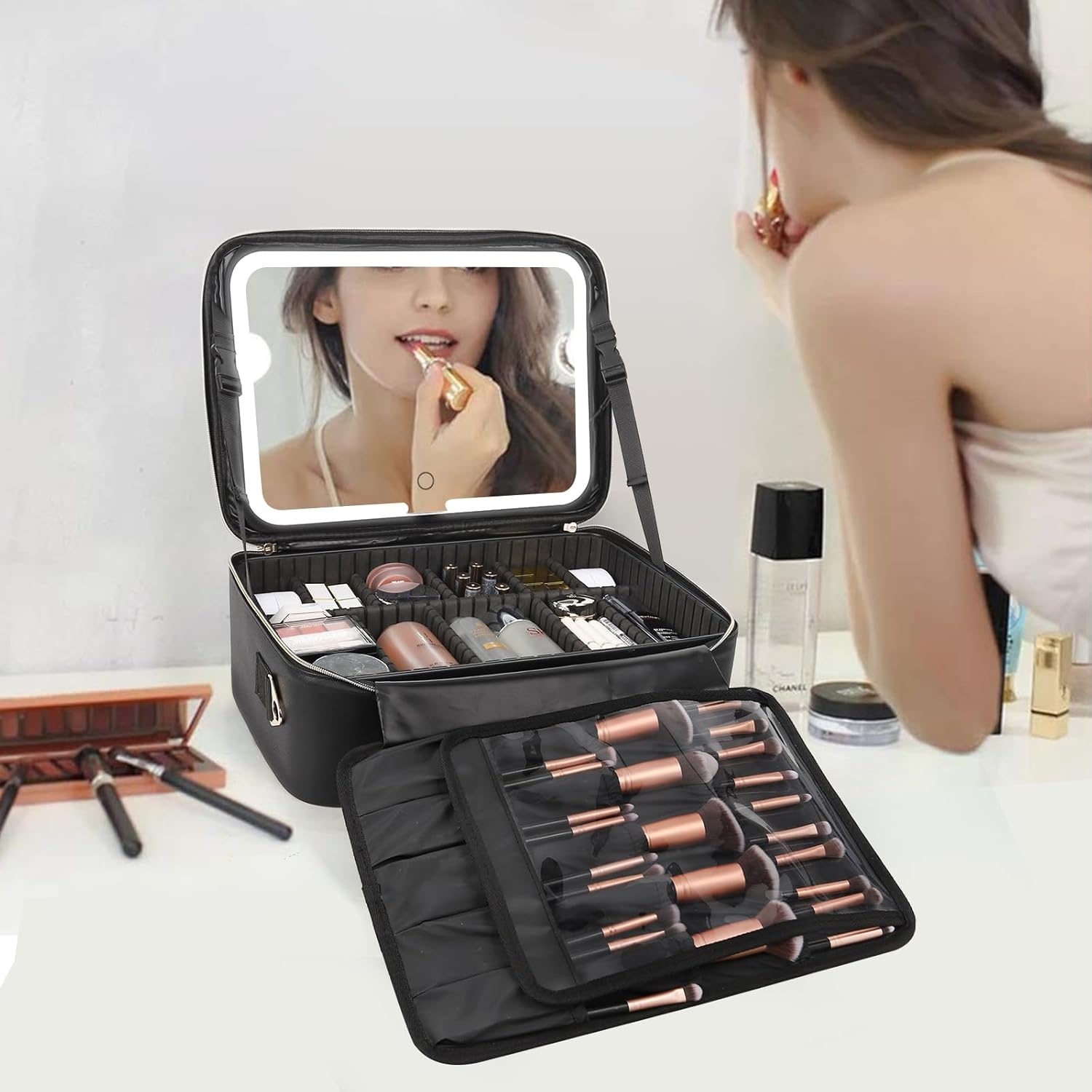 image:imageRelavel Makeup Case Large Makeup Bag Professional Train Case 165 inches Travel Cosmetic Organizer Brush Holder Waterproof Makeup Artist Storage Box 3 Layer Large Capacity with Adjustable Strapwith led mirror black