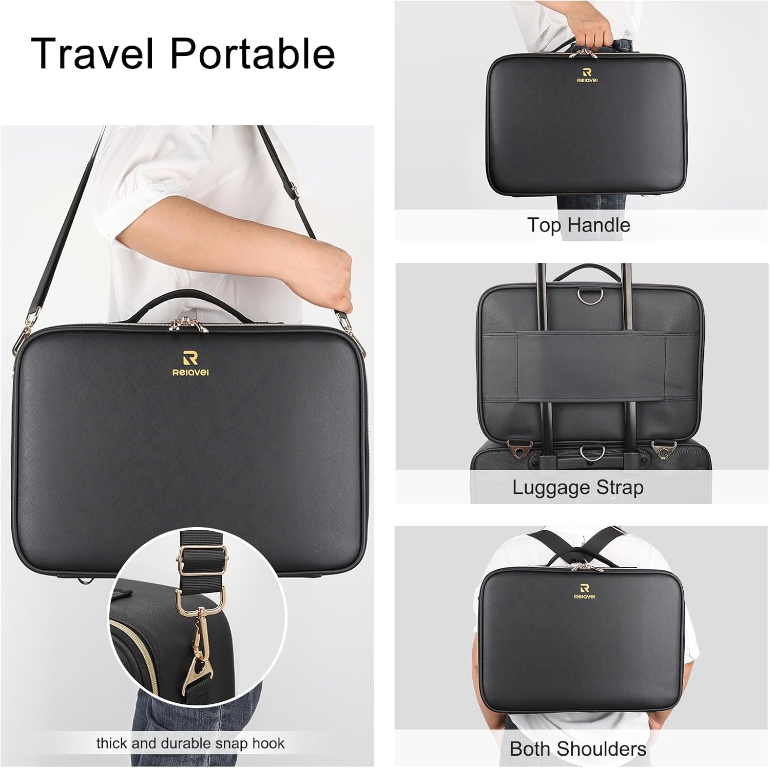 image:imageRelavel Makeup Case Large Makeup Bag Professional Train Case 165 inches Travel Cosmetic Organizer Brush Holder Waterproof Makeup Artist Storage Box 3 Layer Large Capacity with Adjustable Strapwith led mirror black