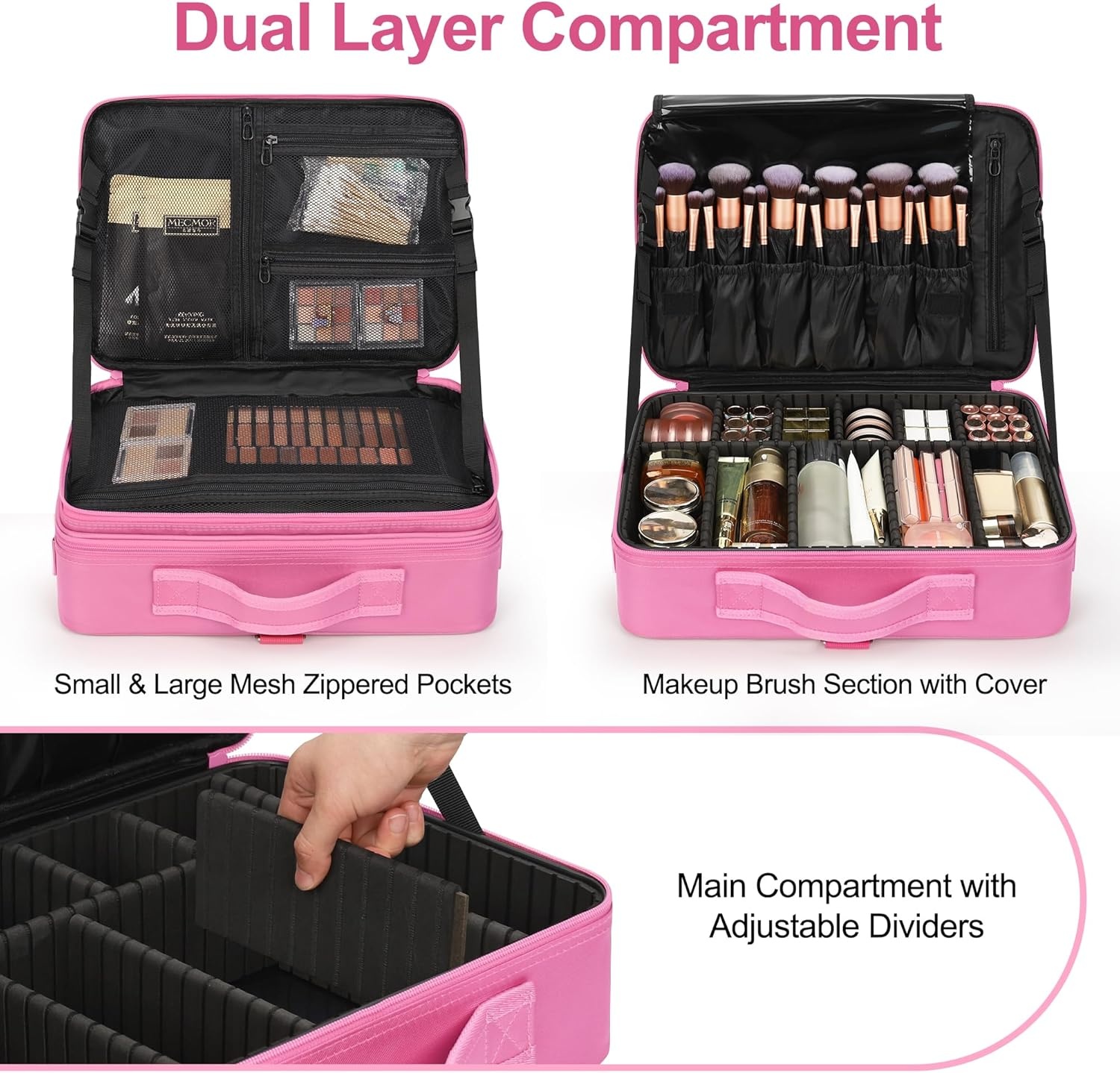 image:imageRelavel Makeup Case Large Makeup Bag Professional Train Case 165 inches Travel Cosmetic Organizer Brush Holder Waterproof Makeup Artist Storage Box 3 Layer Large Capacity with Adjustable StrapRose Pink