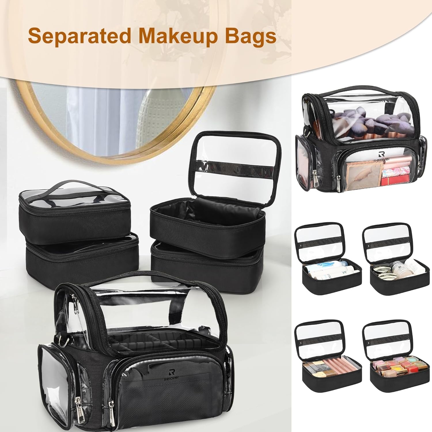 image:imageRelavel Rolling Makeup Case with 4 Small Makeup Bags Large Make Up Travel Organizer with 2 big Wheels Professional Lockable Makeup Artist Backpack with Adjustable Dividers for Daily Use Black1BlackBrush Case6th Gen