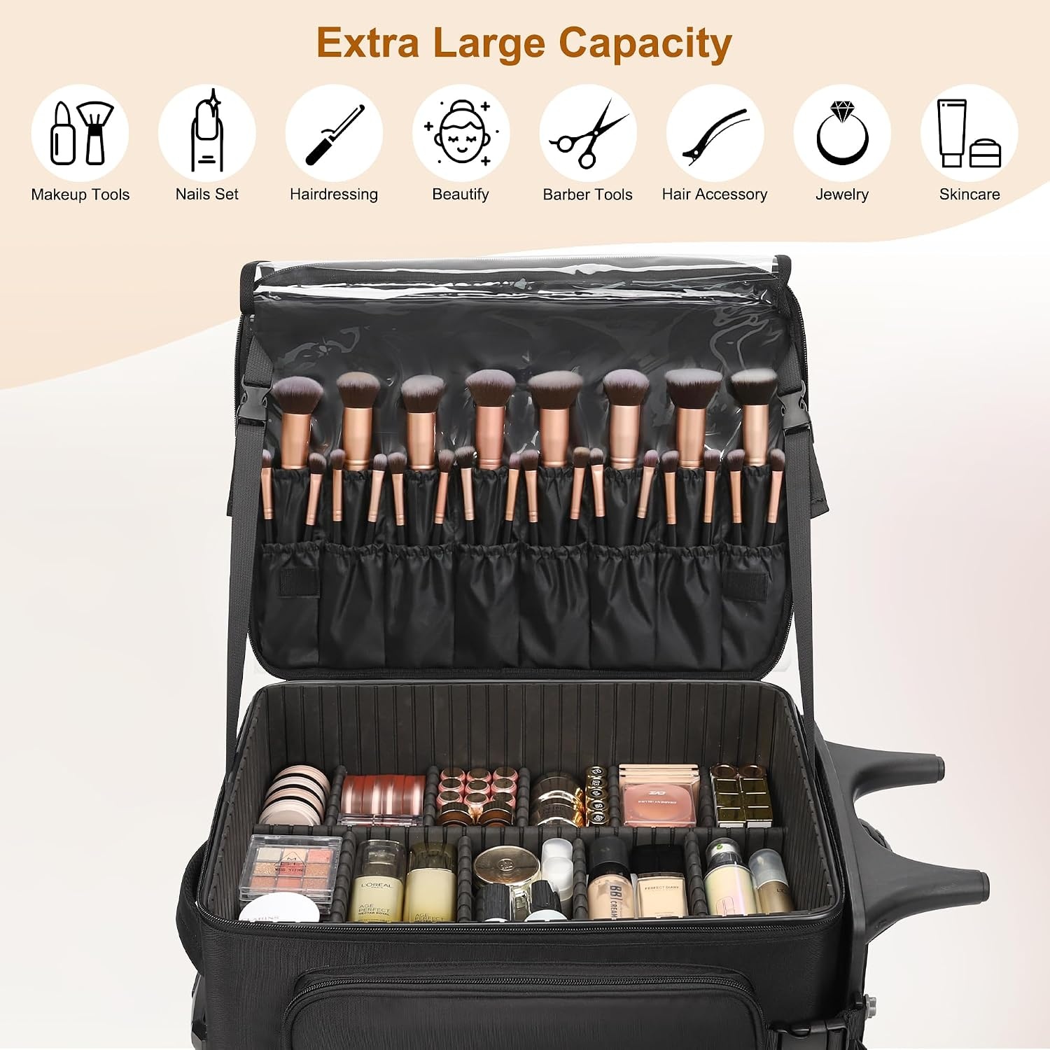 image:imageRelavel Rolling Makeup Case with 4 Small Makeup Bags Large Make Up Travel Organizer with 2 big Wheels Professional Lockable Makeup Artist Backpack with Adjustable Dividers for Daily Use Black1BlackBrush Case6th Gen