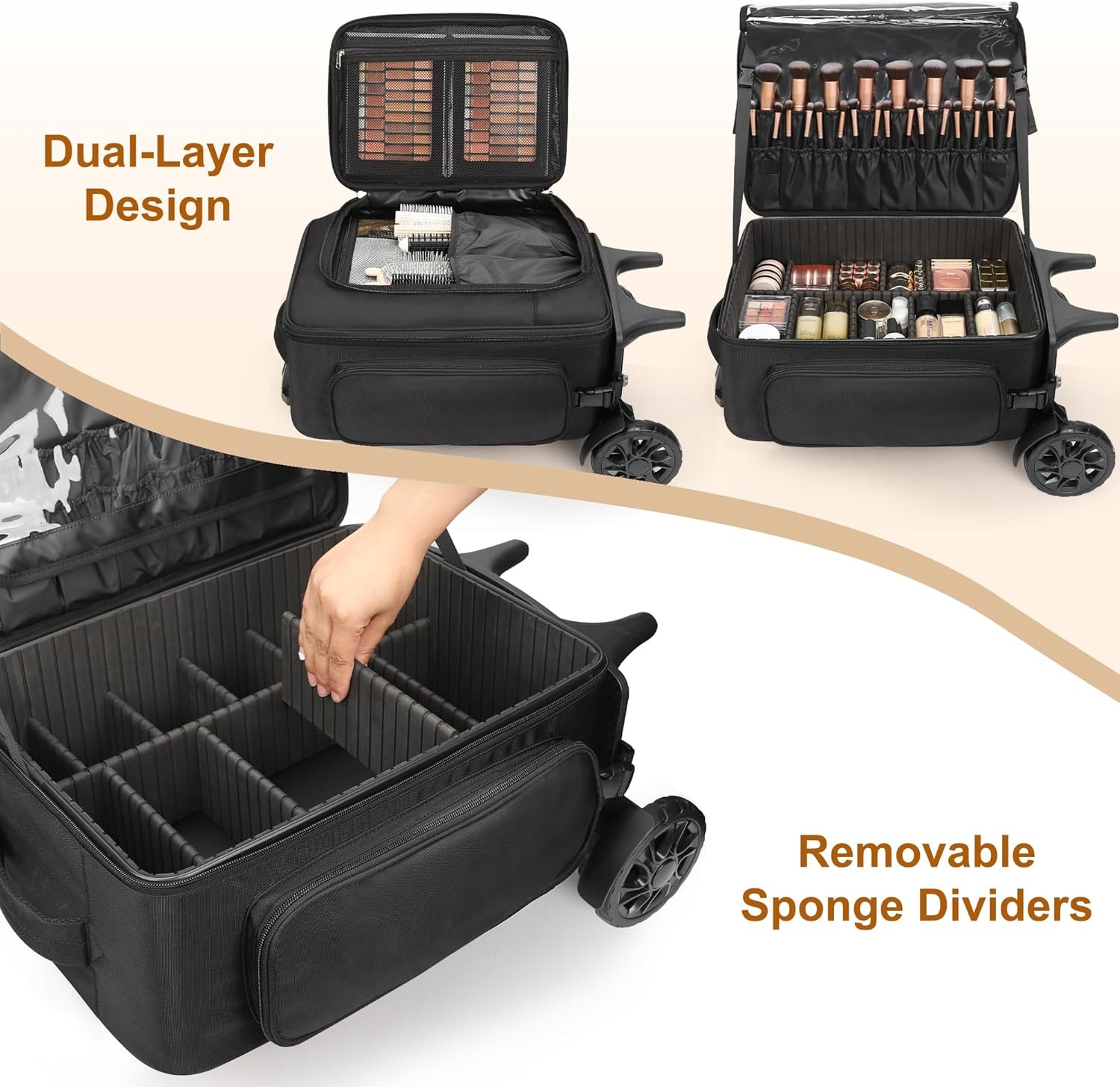 image:imageRelavel Rolling Makeup Case with 4 Small Makeup Bags Large Make Up Travel Organizer with 2 big Wheels Professional Lockable Makeup Artist Backpack with Adjustable Dividers for Daily Use Black1BlackBrush Case6th Gen