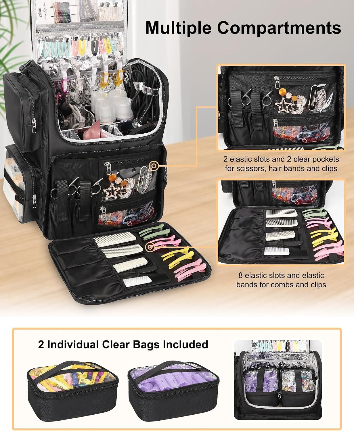 image:imageRelavel Rolling Makeup Train Case Hairstylist Traveling Bag with 4 Wheels Heat Insulation Full Layer Adjustable Dividers Hair Tools and Cosmetics Storage Organizer Trolley Suitcase Makeup CartBlackhair stylist backpack