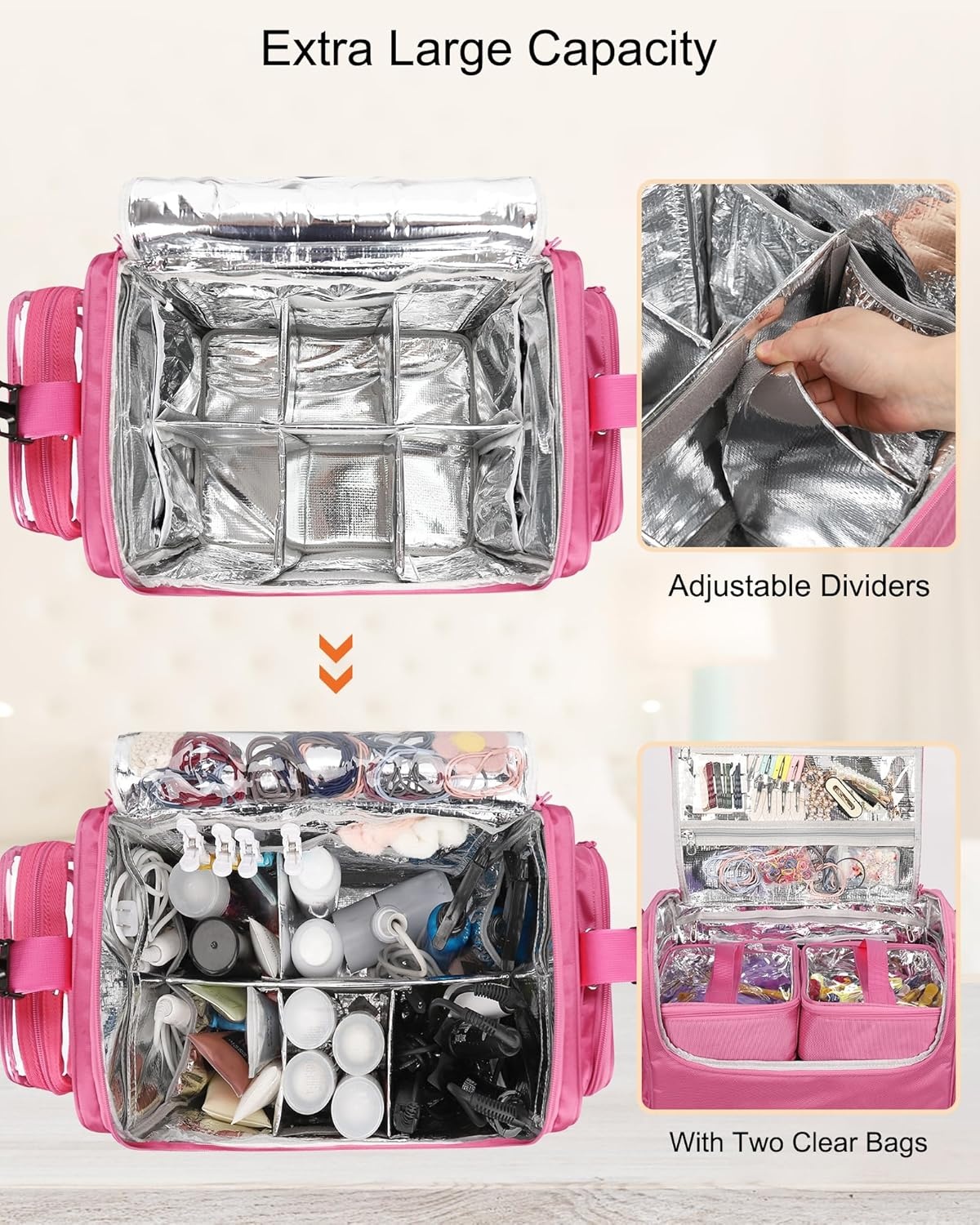 image:imageRelavel Rolling Makeup Train Case Hairstylist Traveling Bag with 4 Wheels Heat Insulation Full Layer Adjustable Dividers Hair Tools and Cosmetics Storage Organizer Trolley Suitcase Makeup CartRose Pink