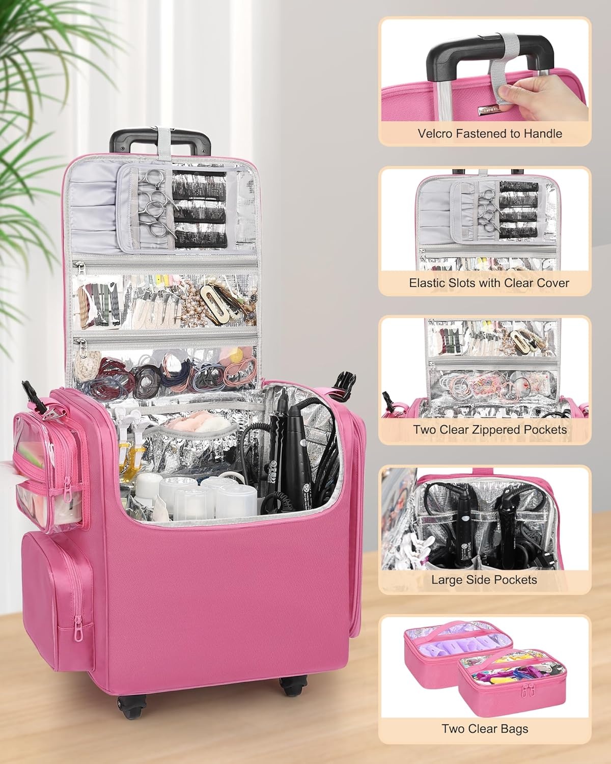 image:imageRelavel Rolling Makeup Train Case Hairstylist Traveling Bag with 4 Wheels Heat Insulation Full Layer Adjustable Dividers Hair Tools and Cosmetics Storage Organizer Trolley Suitcase Makeup CartRose Pink