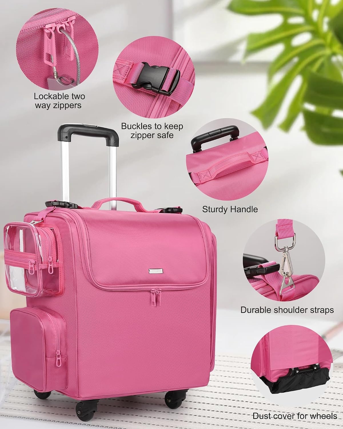image:imageRelavel Rolling Makeup Train Case Hairstylist Traveling Bag with 4 Wheels Heat Insulation Full Layer Adjustable Dividers Hair Tools and Cosmetics Storage Organizer Trolley Suitcase Makeup CartRose Pink