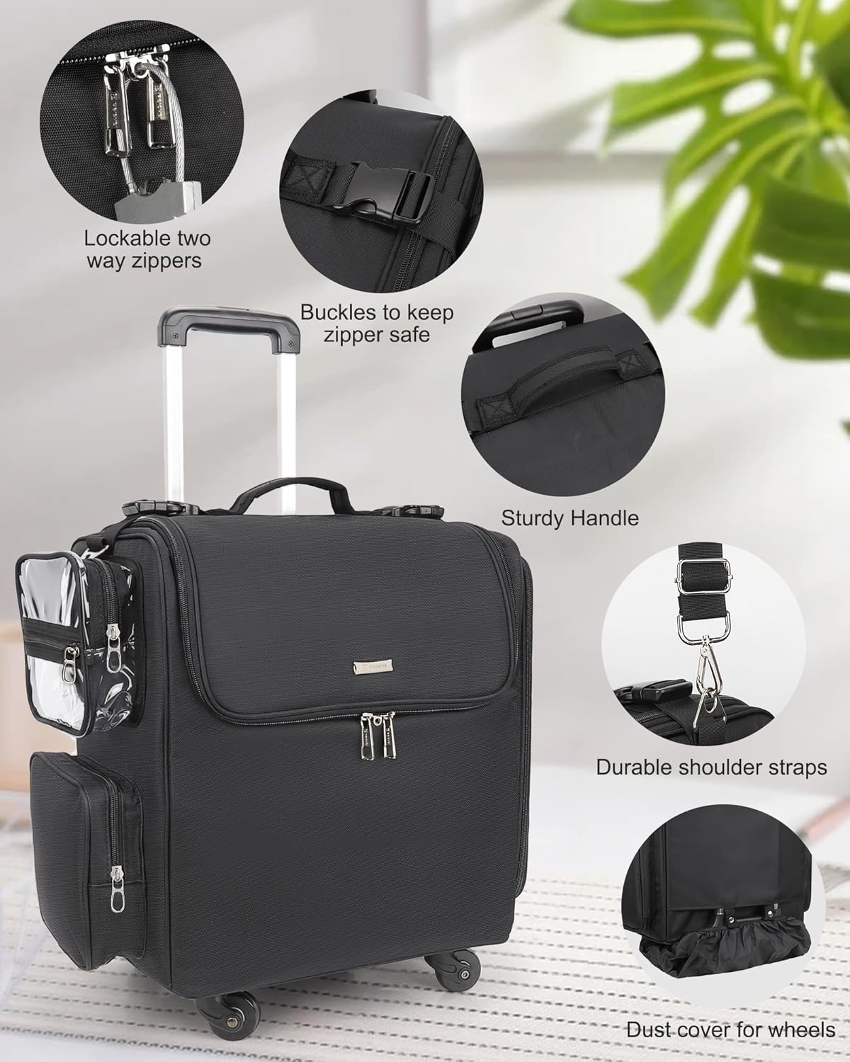 image:imageRelavel Rolling Makeup Train Case Hairstylist Traveling Bag with 4 Wheels Heat Insulation Full Layer Adjustable Dividers Hair Tools and Cosmetics Storage Organizer Trolley Suitcase Makeup CartBlacklarge clear makeup bag