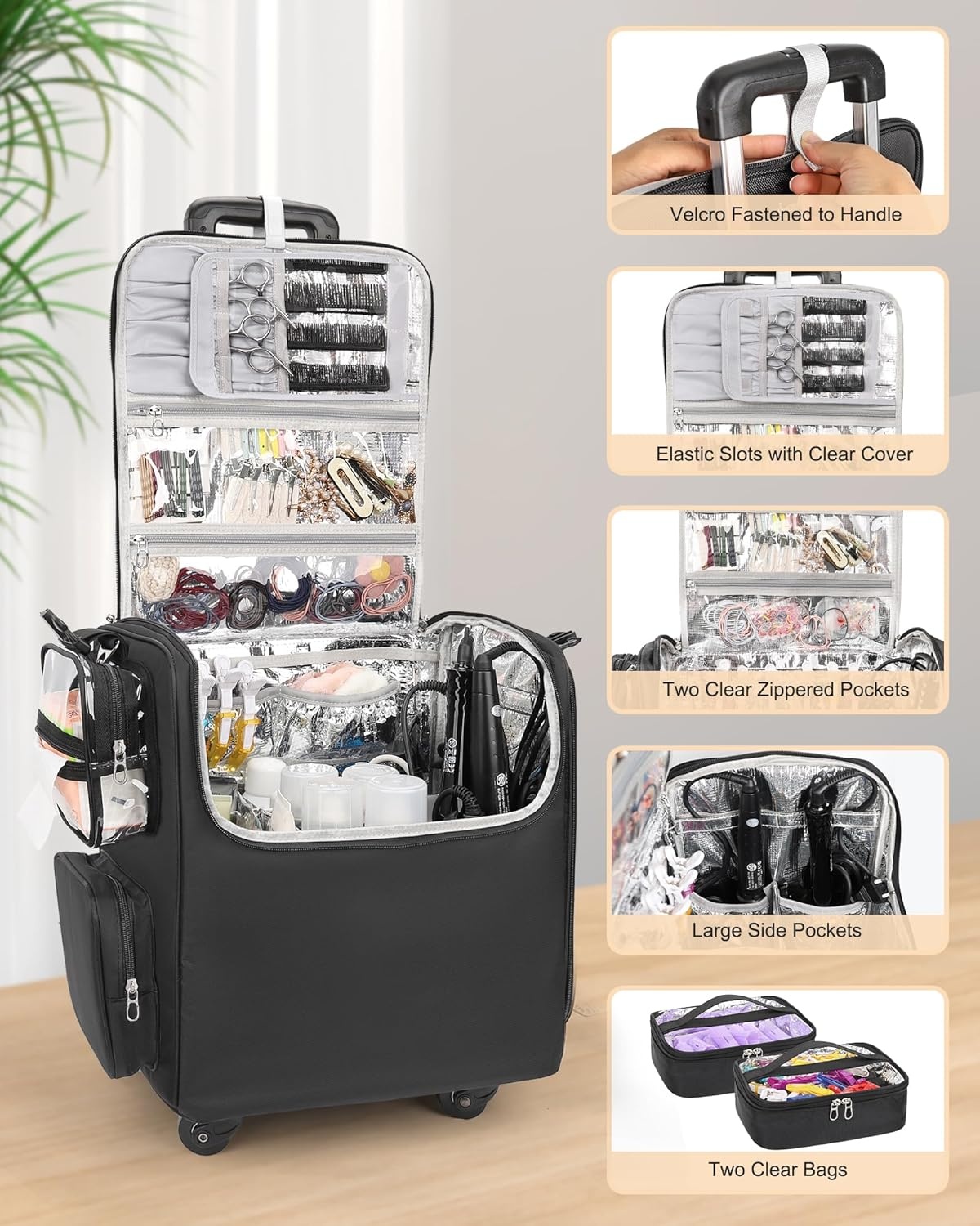 image:imageRelavel Rolling Makeup Train Case Hairstylist Traveling Bag with 4 Wheels Heat Insulation Full Layer Adjustable Dividers Hair Tools and Cosmetics Storage Organizer Trolley Suitcase Makeup CartBlackhair stylist backpack