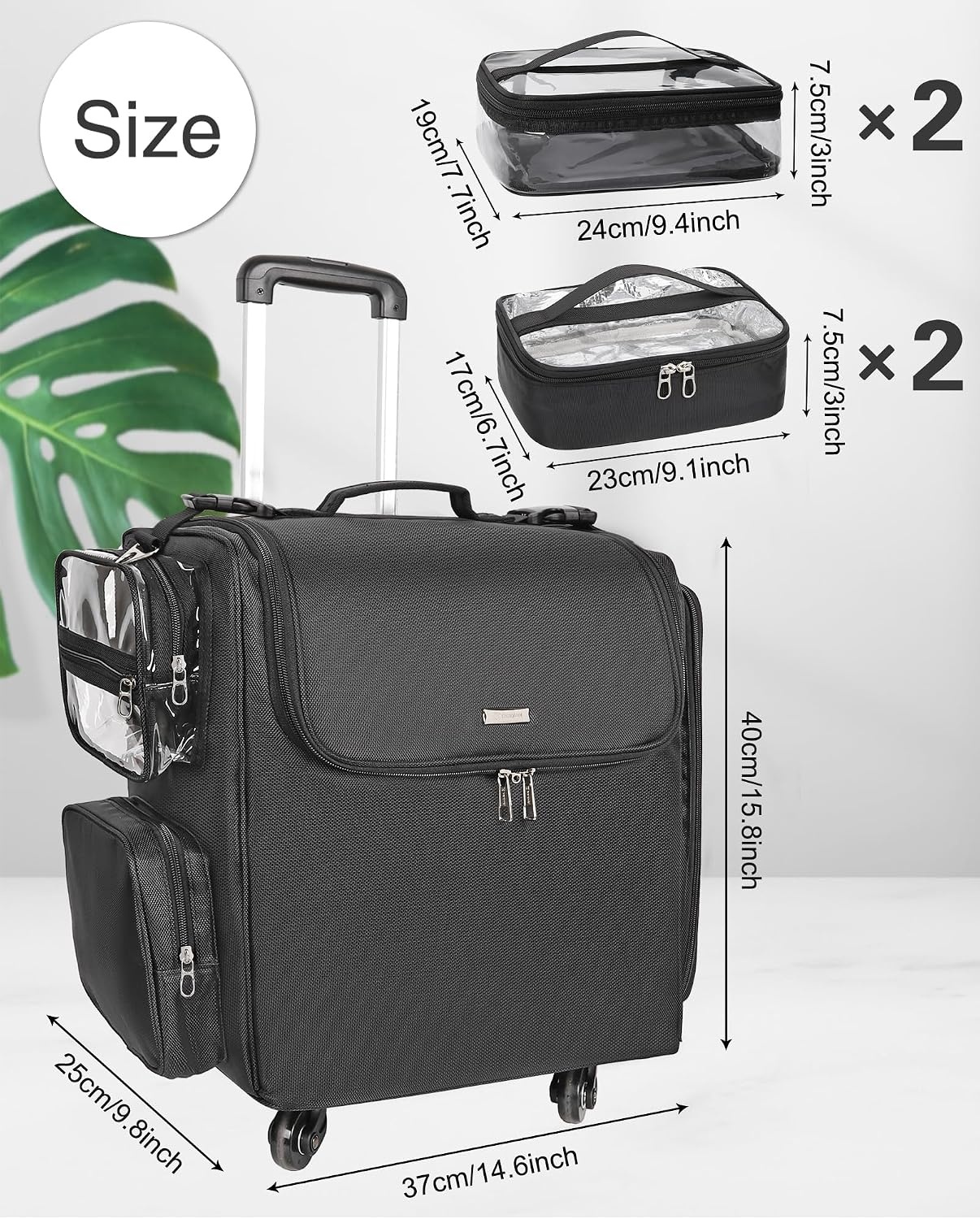 image:imageRelavel Rolling Makeup Train Case Hairstylist Traveling Bag with 4 Wheels Heat Insulation Full Layer Adjustable Dividers Hair Tools and Cosmetics Storage Organizer Trolley Suitcase Makeup CartBlack4 pcs clear bags
