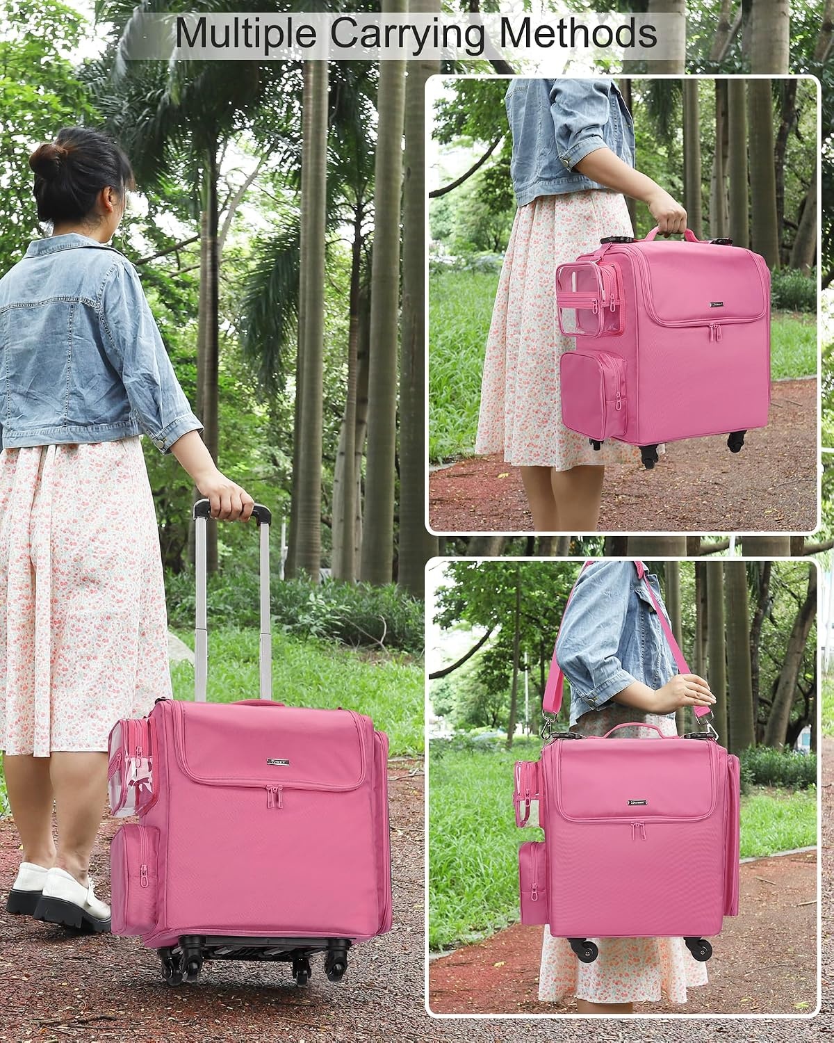 image:imageRelavel Rolling Makeup Train Case Hairstylist Traveling Bag with 4 Wheels Heat Insulation Full Layer Adjustable Dividers Hair Tools and Cosmetics Storage Organizer Trolley Suitcase Makeup CartRose Pink