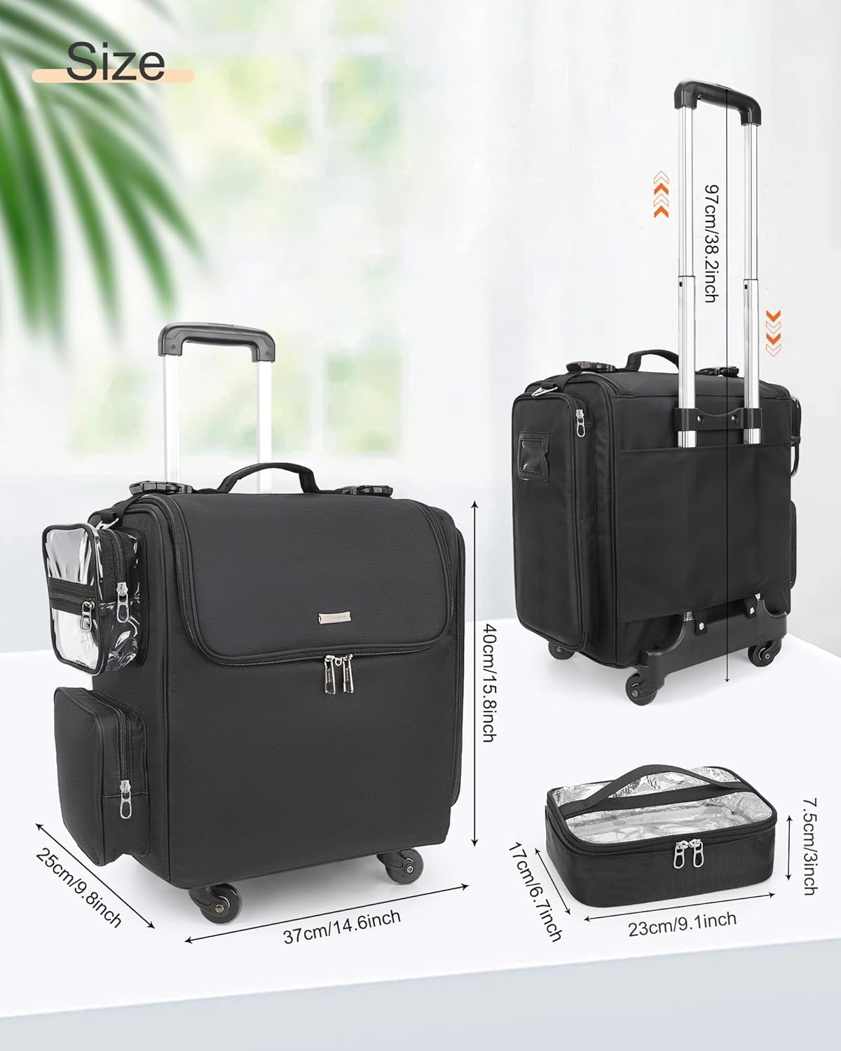 image:imageRelavel Rolling Makeup Train Case Hairstylist Traveling Bag with 4 Wheels Heat Insulation Full Layer Adjustable Dividers Hair Tools and Cosmetics Storage Organizer Trolley Suitcase Makeup CartBlack