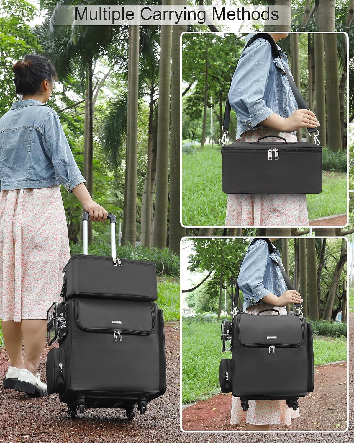 image:imageRelavel Rolling Makeup Train Case Hairstylist Traveling Bag with 4 Wheels Heat Insulation Full Layer Adjustable Dividers Hair Tools and Cosmetics Storage Organizer Trolley Suitcase Makeup CartBlacklarge makeup case