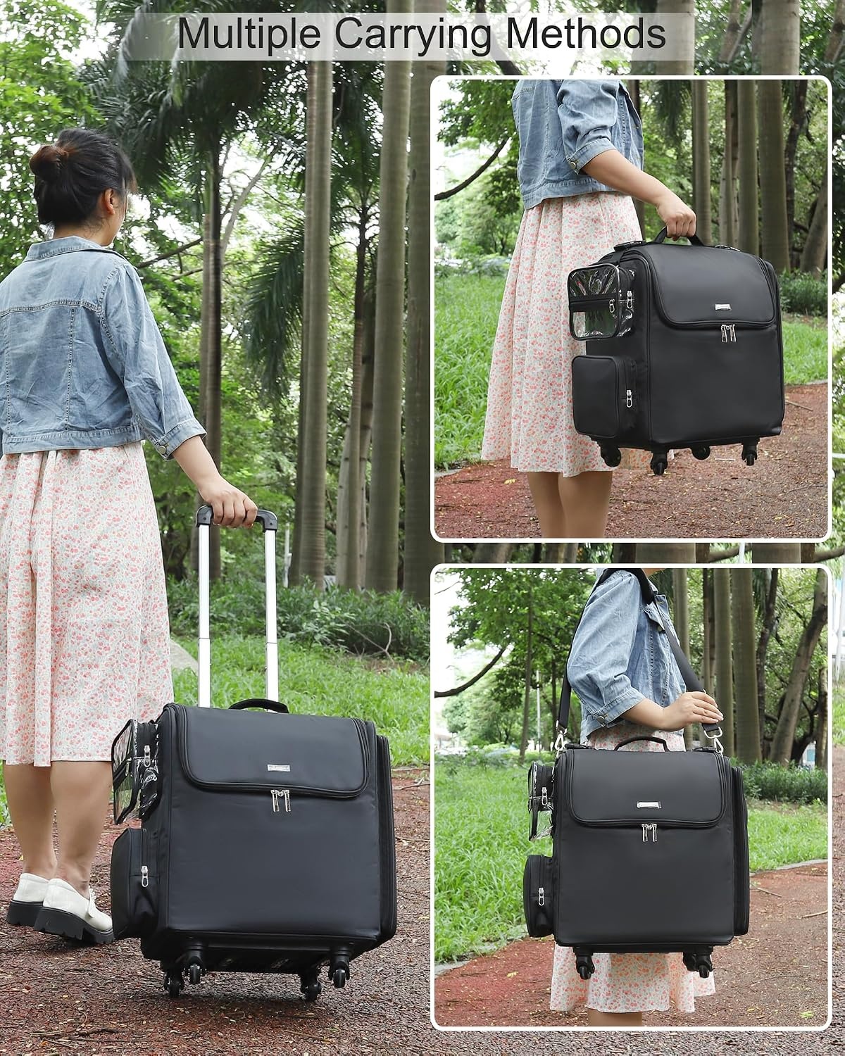 image:imageRelavel Rolling Makeup Train Case Hairstylist Traveling Bag with 4 Wheels Heat Insulation Full Layer Adjustable Dividers Hair Tools and Cosmetics Storage Organizer Trolley Suitcase Makeup CartBlack6 pcs clear bags