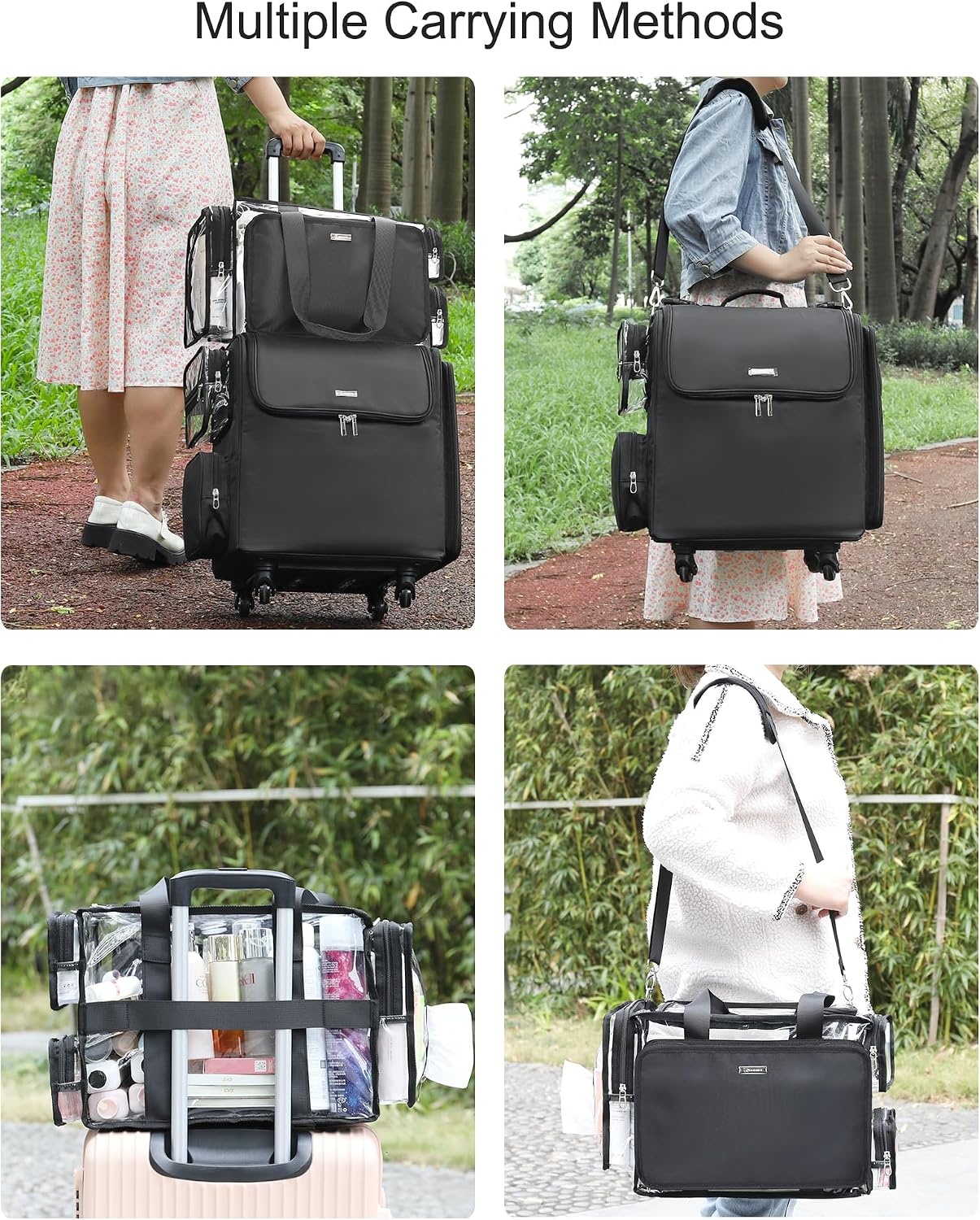 image:imageRelavel Rolling Makeup Train Case Hairstylist Traveling Bag with 4 Wheels Heat Insulation Full Layer Adjustable Dividers Hair Tools and Cosmetics Storage Organizer Trolley Suitcase Makeup CartBlacklarge clear makeup bag