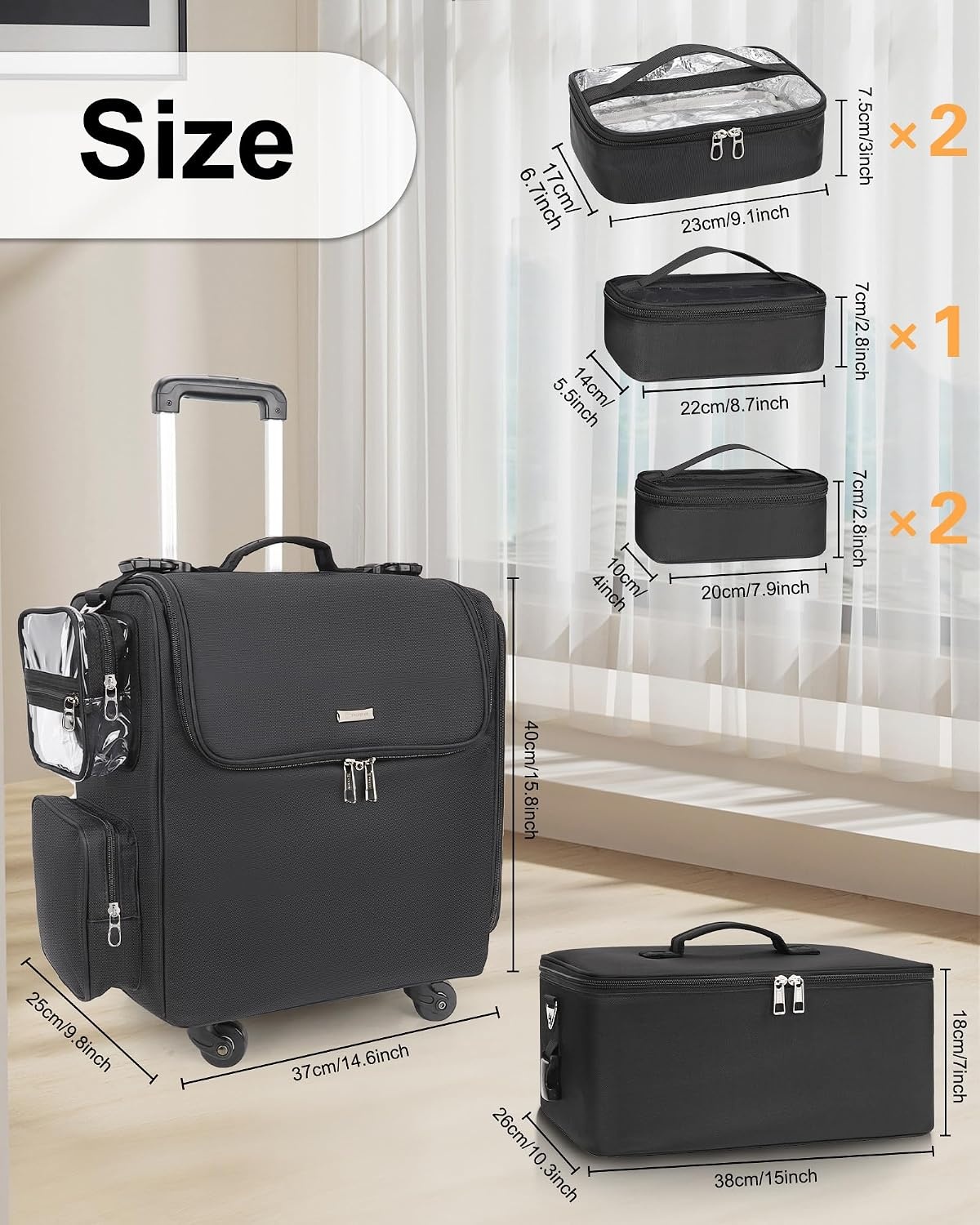 image:imageRelavel Rolling Makeup Train Case Hairstylist Traveling Bag with 4 Wheels Heat Insulation Full Layer Adjustable Dividers Hair Tools and Cosmetics Storage Organizer Trolley Suitcase Makeup CartBlacklarge makeup case