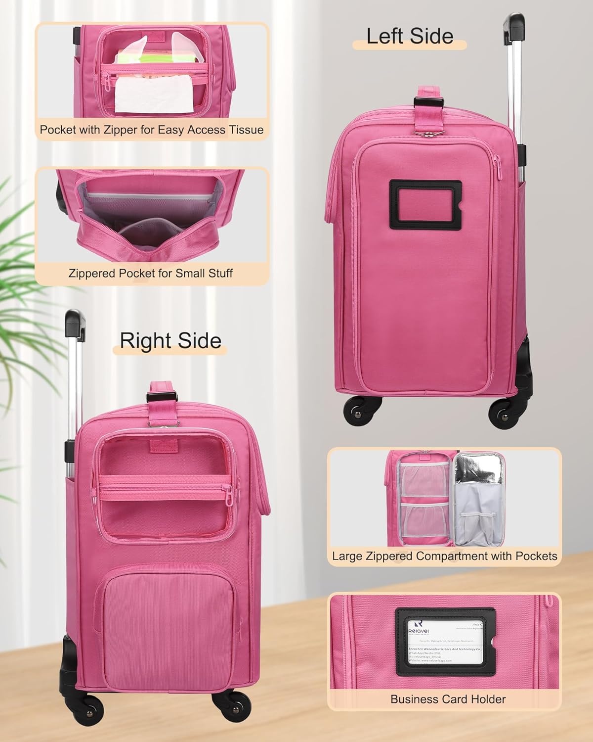 image:imageRelavel Rolling Makeup Train Case Hairstylist Traveling Bag with 4 Wheels Heat Insulation Full Layer Adjustable Dividers Hair Tools and Cosmetics Storage Organizer Trolley Suitcase Makeup CartRose Pink
