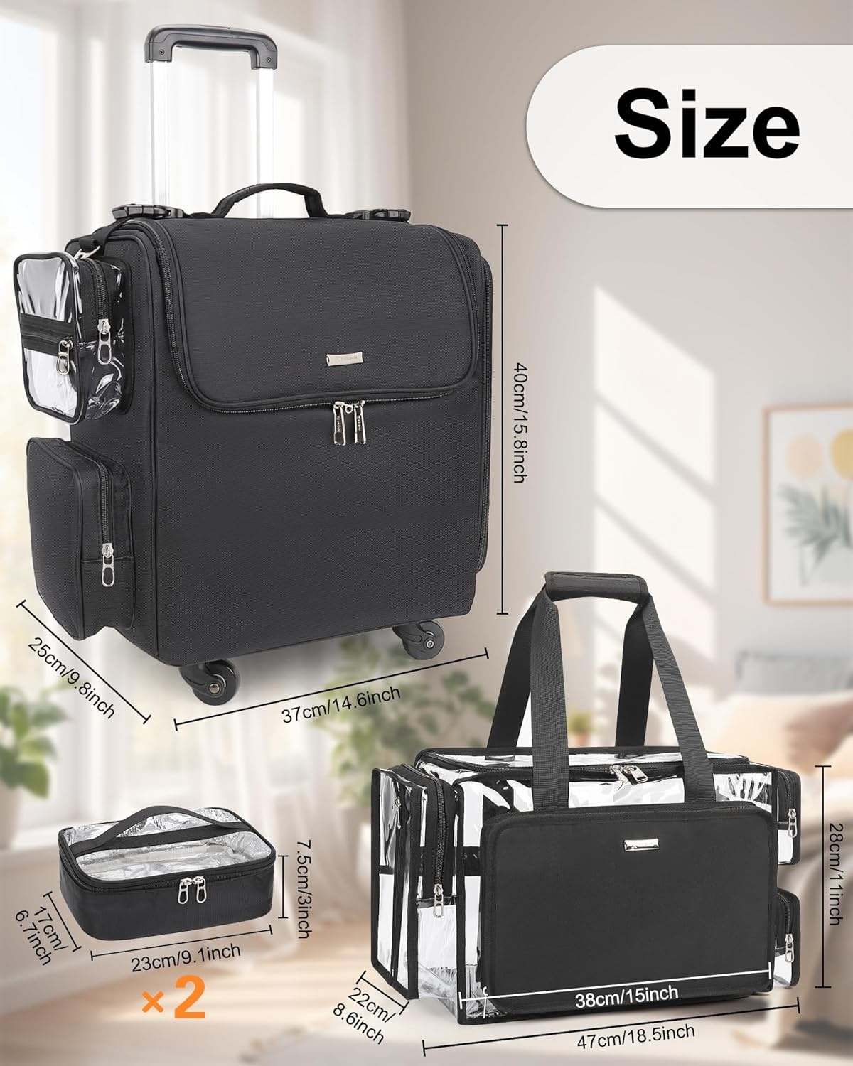 image:imageRelavel Rolling Makeup Train Case Hairstylist Traveling Bag with 4 Wheels Heat Insulation Full Layer Adjustable Dividers Hair Tools and Cosmetics Storage Organizer Trolley Suitcase Makeup CartBlacklarge clear makeup bag