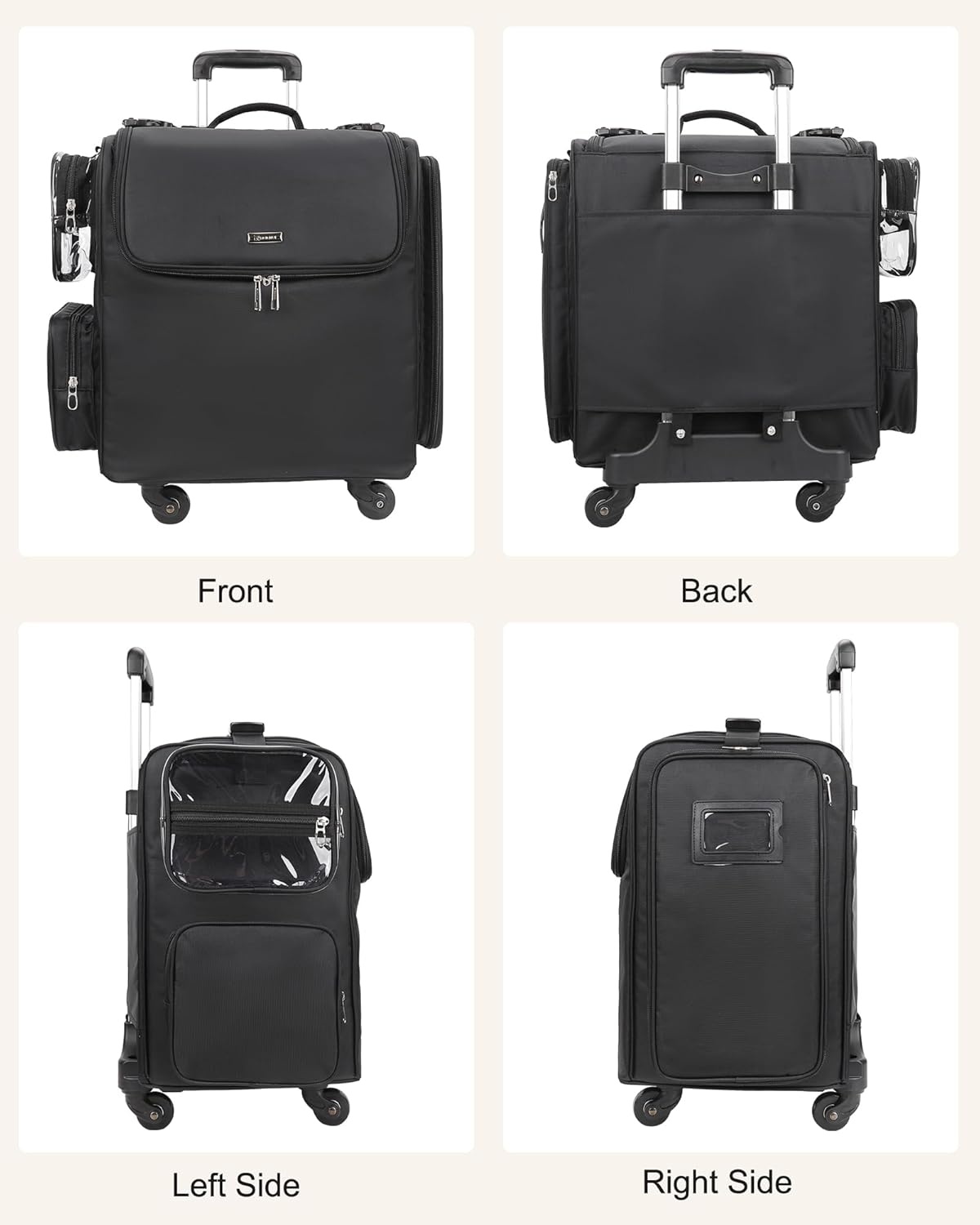 image:imageRelavel Rolling Makeup Train Case Hairstylist Traveling Bag with 4 Wheels Heat Insulation Full Layer Adjustable Dividers Hair Tools and Cosmetics Storage Organizer Trolley Suitcase Makeup CartBlack6 pcs clear bags