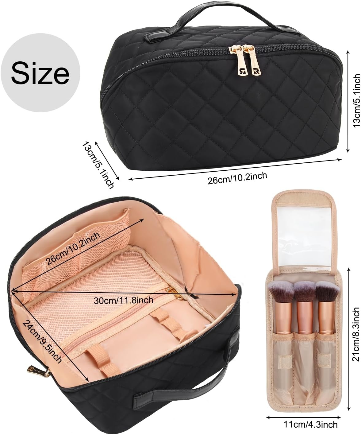 image:imageRelavel Travel Makeup Bag Large Floral Cosmetic Bag with Makeup Brush Compartment Portable Makeup Pouch for Women Double Layer Makeup Organizer Bag Cute Toiletry Bag01Black