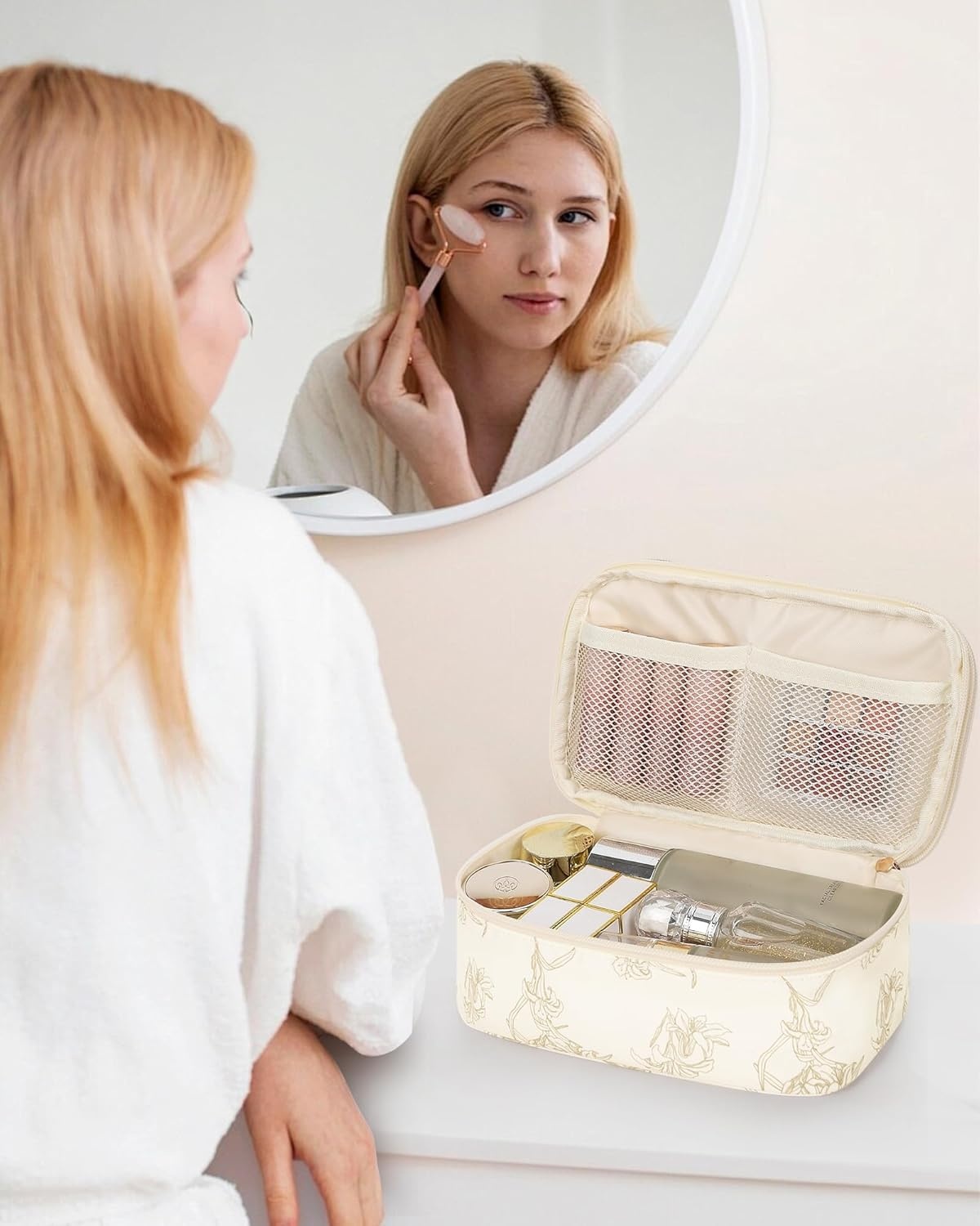 image:imageRelavel Travel Makeup Bag Large Floral Cosmetic Bag with Makeup Brush Compartment Portable Makeup Pouch for Women Double Layer Makeup Organizer Bag Cute Toiletry Bag01BLily Flower