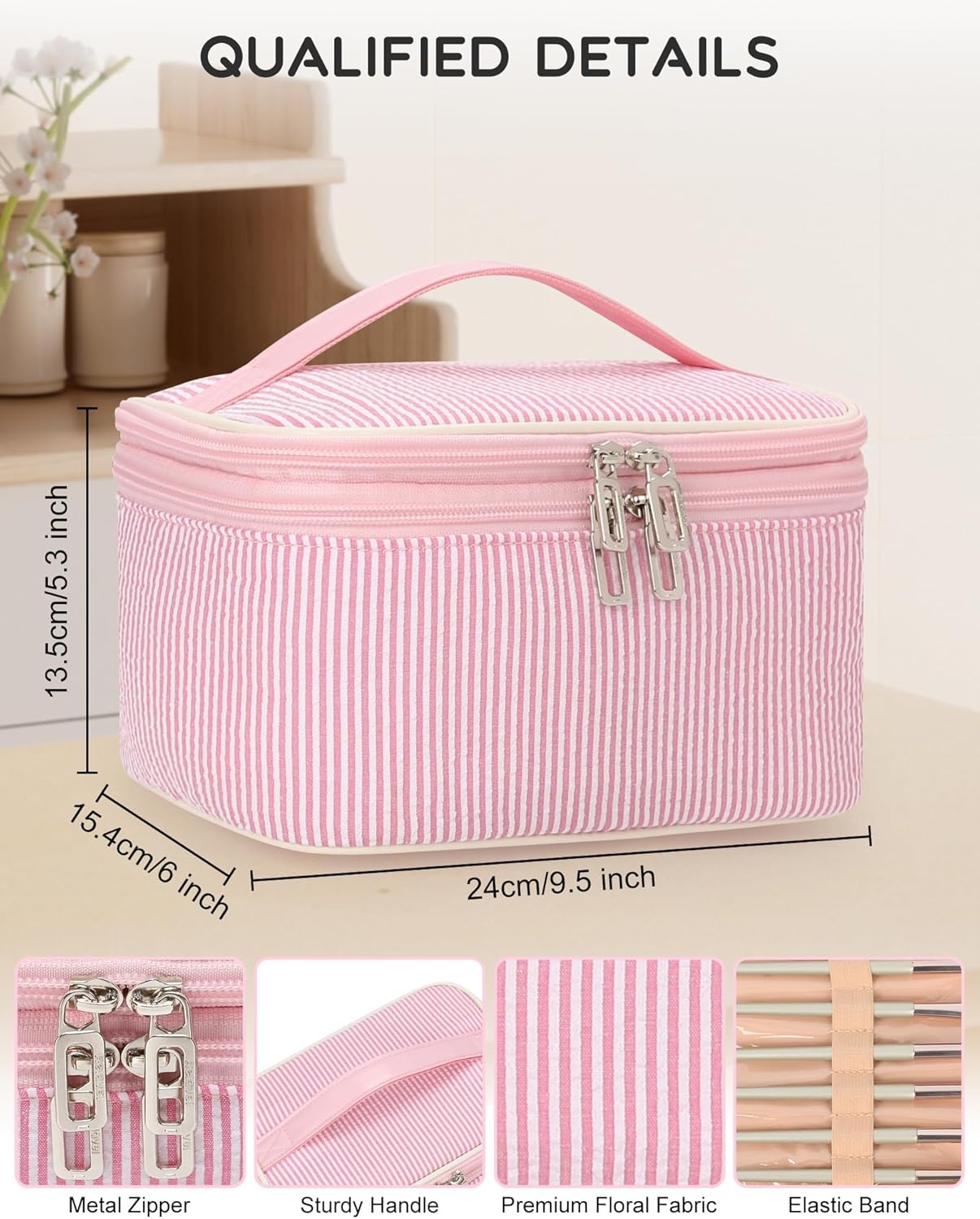 image:imageRelavel Travel Makeup Bag Large Floral Cosmetic Bag with Makeup Brush Compartment Portable Makeup Pouch for Women Double Layer Makeup Organizer Bag Cute Toiletry Bag01Pink Strip
