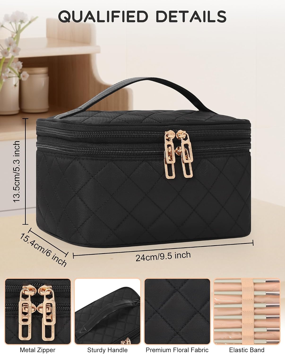 image:imageRelavel Travel Makeup Bag Large Floral Cosmetic Bag with Makeup Brush Compartment Portable Makeup Pouch for Women Double Layer Makeup Organizer Bag Cute Toiletry Bag01Black