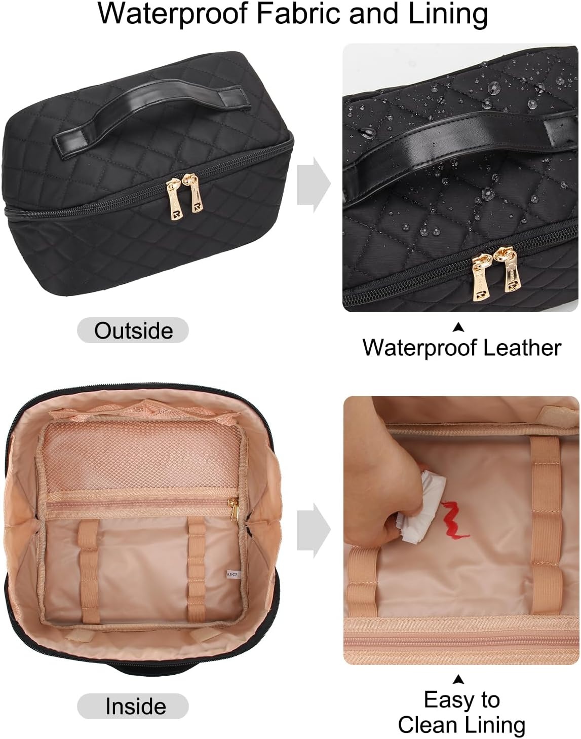 image:imageRelavel Travel Makeup Bag Large Floral Cosmetic Bag with Makeup Brush Compartment Portable Makeup Pouch for Women Double Layer Makeup Organizer Bag Cute Toiletry Bag01Black