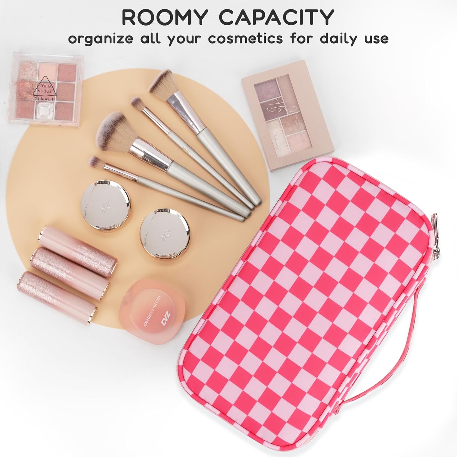 image:imageRelavel Travel Makeup Bag Large Floral Cosmetic Bag with Makeup Brush Compartment Portable Makeup Pouch for Women Double Layer Makeup Organizer Bag Cute Toiletry Bag01AHot Pink CheckBoard
