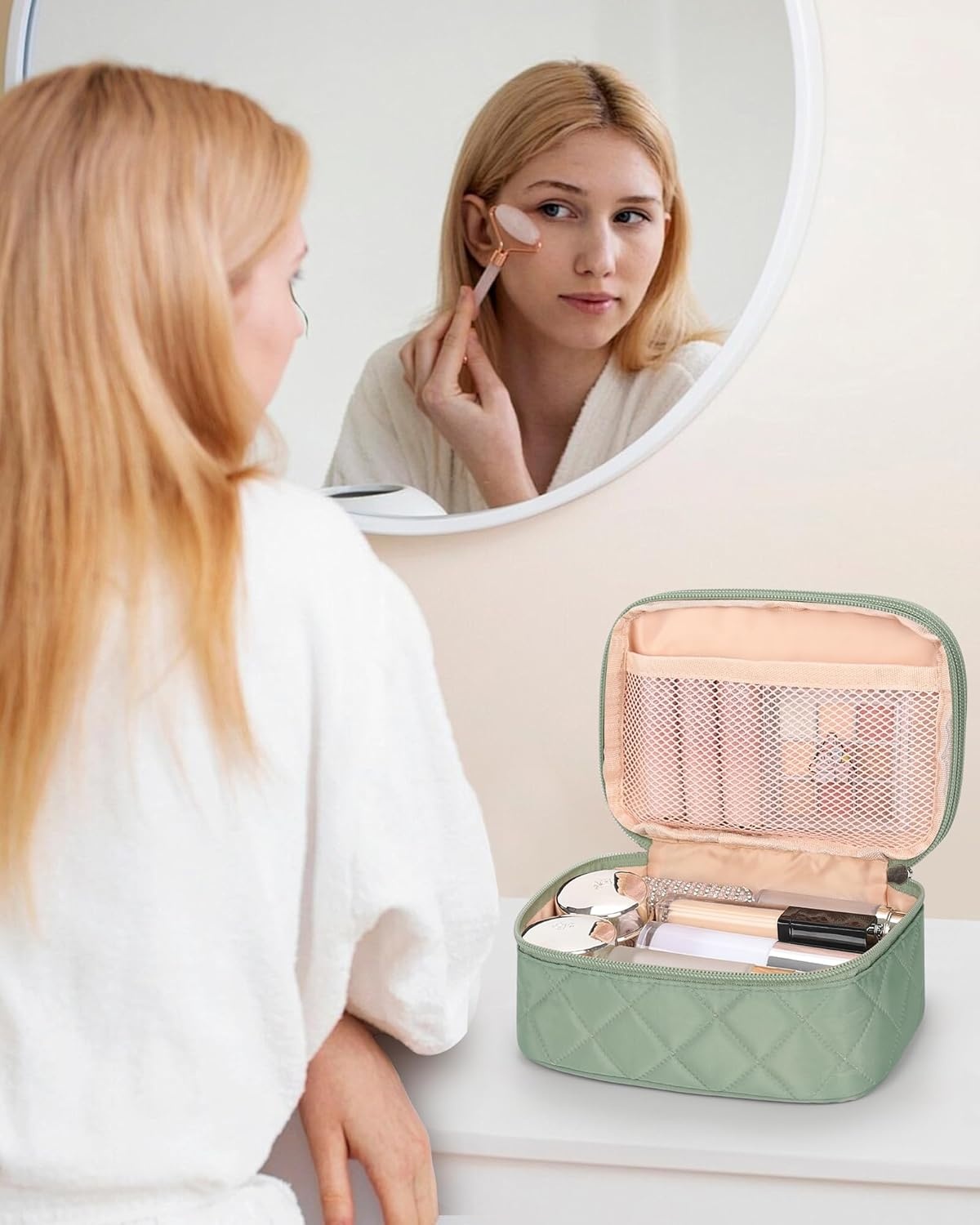 image:imageRelavel Travel Makeup Bag Large Floral Cosmetic Bag with Makeup Brush Compartment Portable Makeup Pouch for Women Double Layer Makeup Organizer Bag Cute Toiletry Bag01Green