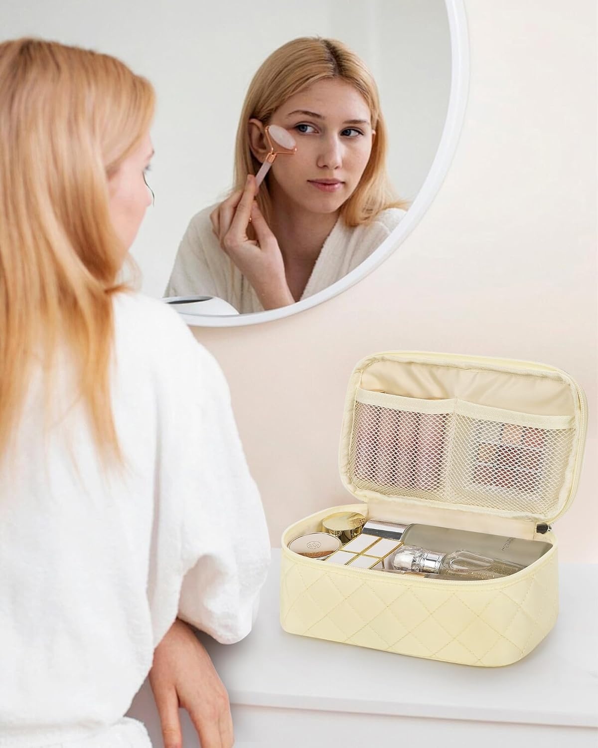 image:imageRelavel Travel Makeup Bag Large Floral Cosmetic Bag with Makeup Brush Compartment Portable Makeup Pouch for Women Double Layer Makeup Organizer Bag Cute Toiletry Bag02White