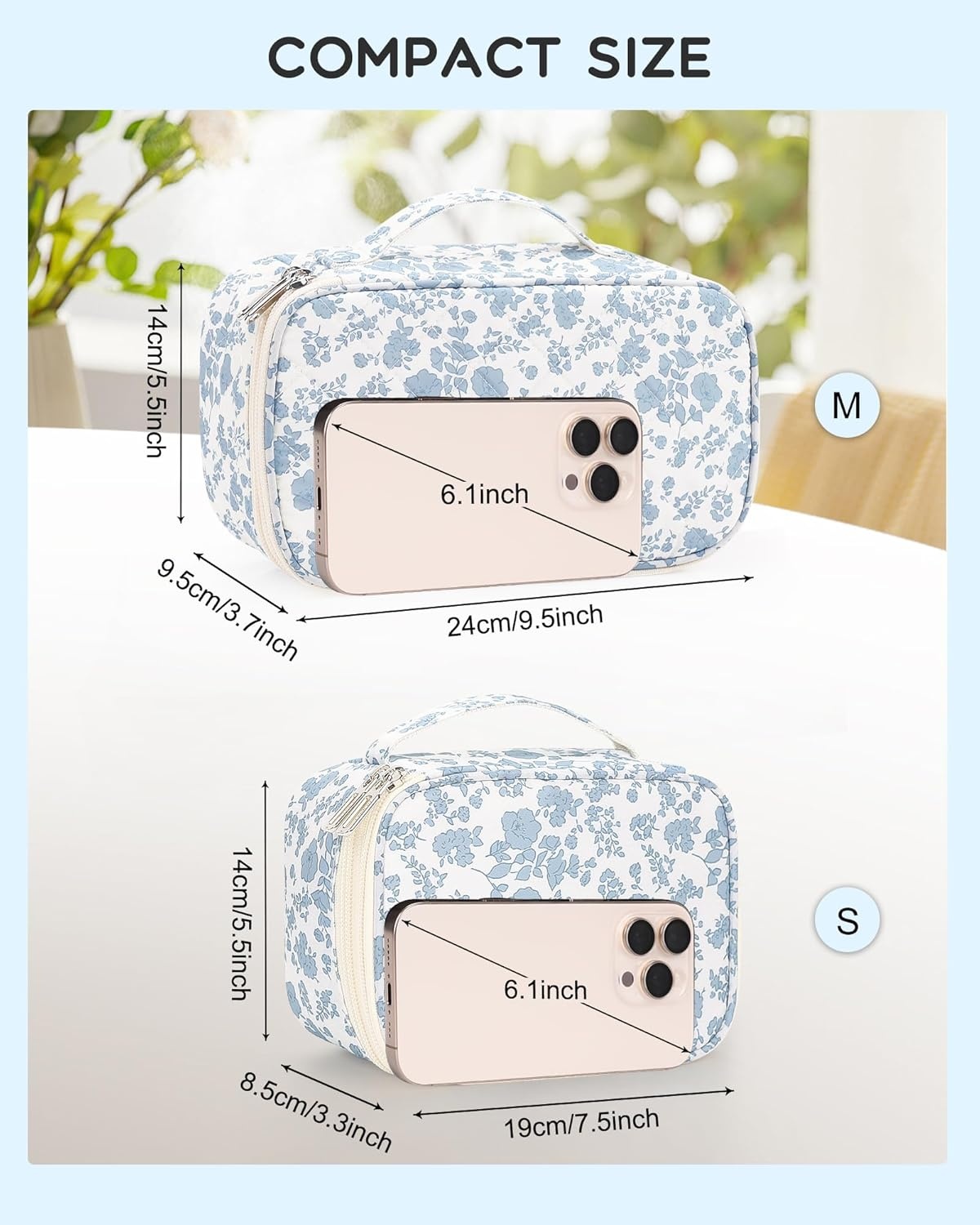 image:imageRelavel Travel Makeup Bag Large Floral Cosmetic Bag with Makeup Brush Compartment Portable Makeup Pouch for Women Double Layer Makeup Organizer Bag Cute Toiletry Bag01Blue Flower