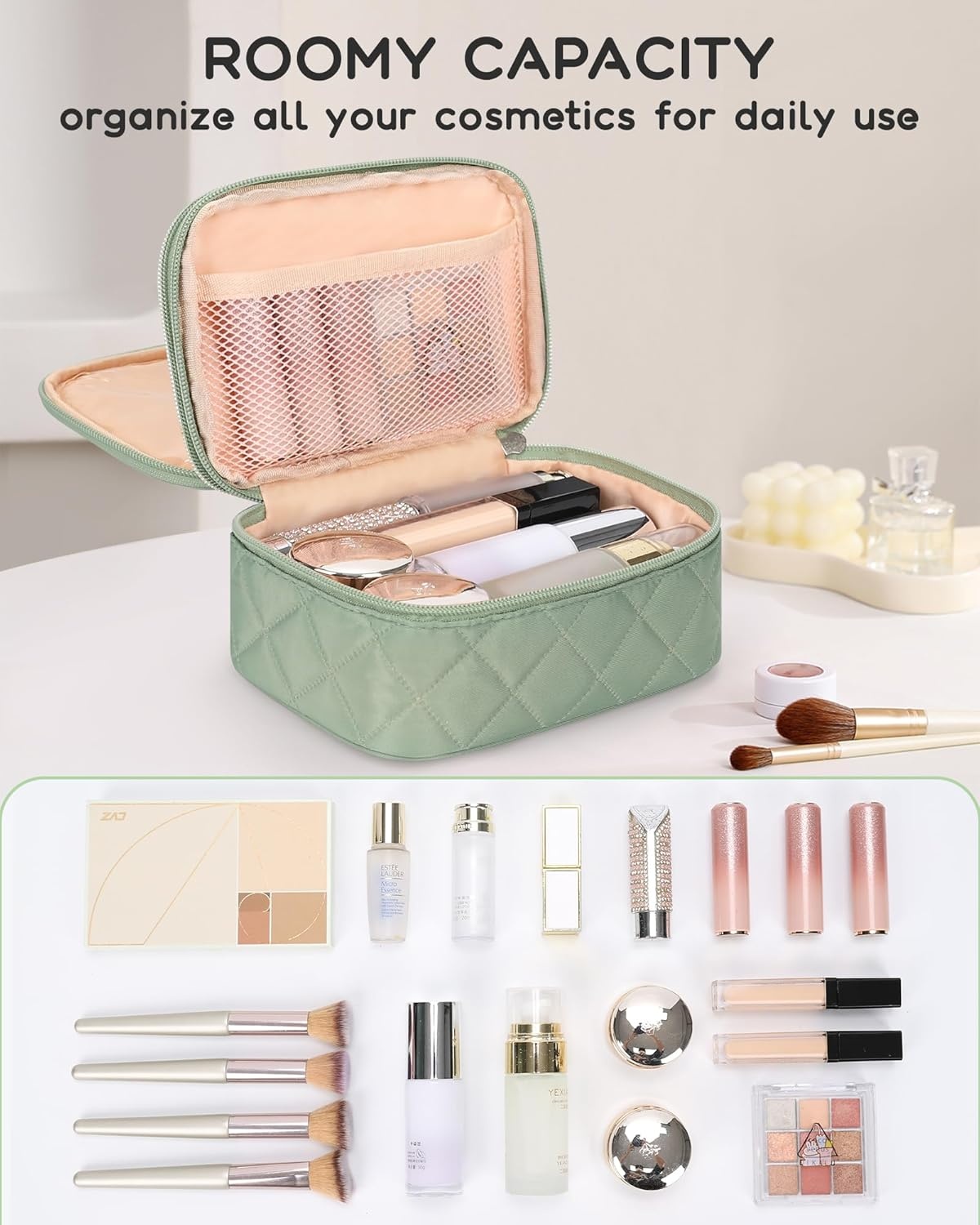 image:imageRelavel Travel Makeup Bag Large Floral Cosmetic Bag with Makeup Brush Compartment Portable Makeup Pouch for Women Double Layer Makeup Organizer Bag Cute Toiletry Bag01Green