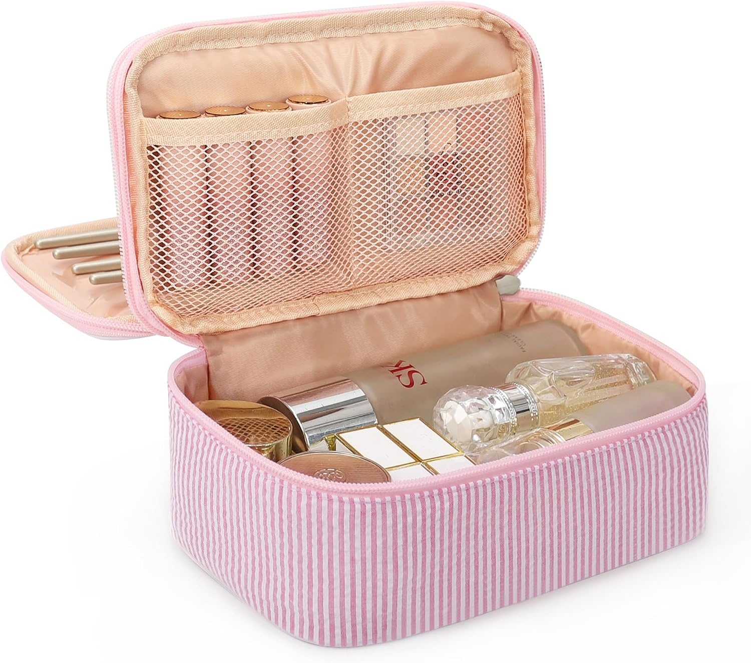 image:imageRelavel Travel Makeup Bag Large Floral Cosmetic Bag with Makeup Brush Compartment Portable Makeup Pouch for Women Double Layer Makeup Organizer Bag Cute Toiletry Bag01Pink Strip