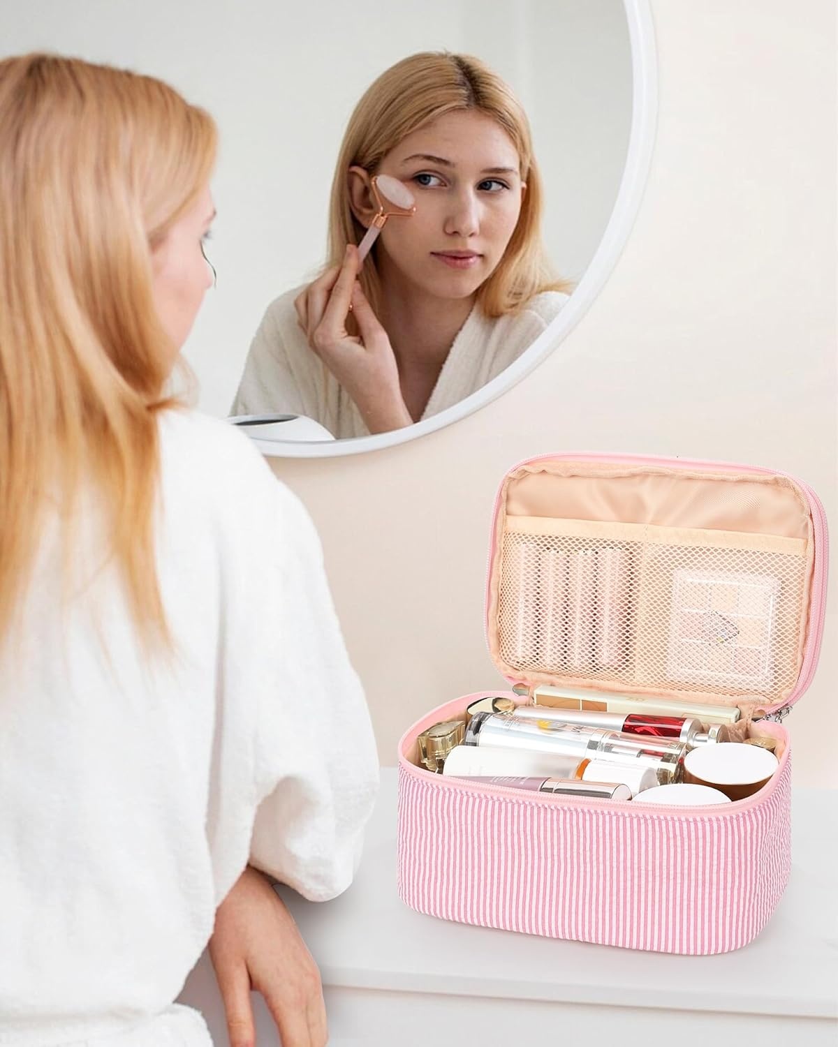 image:imageRelavel Travel Makeup Bag Large Floral Cosmetic Bag with Makeup Brush Compartment Portable Makeup Pouch for Women Double Layer Makeup Organizer Bag Cute Toiletry Bag01Pink Strip
