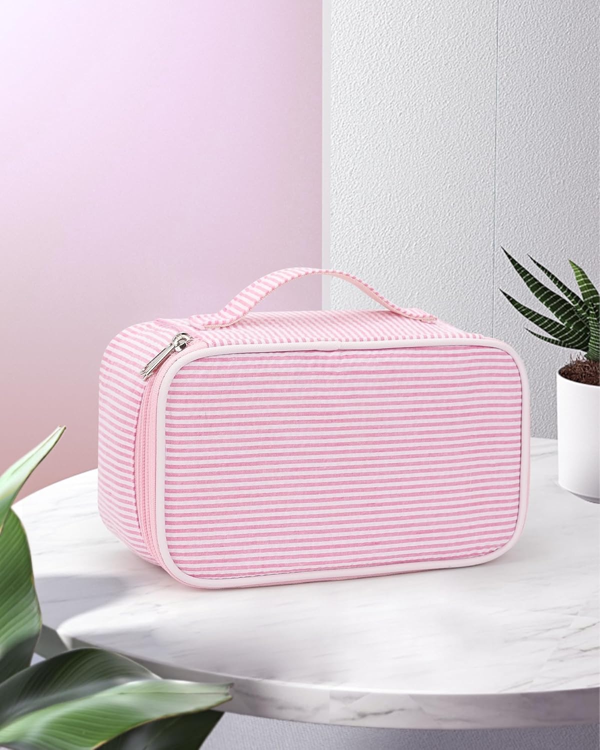 image:imageRelavel Travel Makeup Bag Large Floral Cosmetic Bag with Makeup Brush Compartment Portable Makeup Pouch for Women Double Layer Makeup Organizer Bag Cute Toiletry Bag01Pink Strip