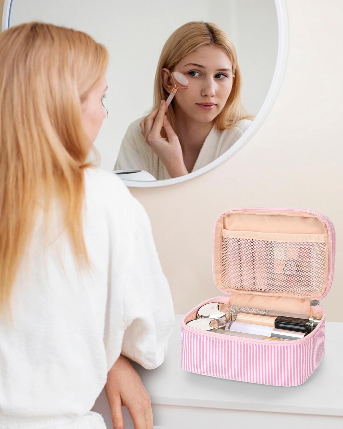 image:imageRelavel Travel Makeup Bag Large Floral Cosmetic Bag with Makeup Brush Compartment Portable Makeup Pouch for Women Double Layer Makeup Organizer Bag Cute Toiletry Bag01Pink Strip