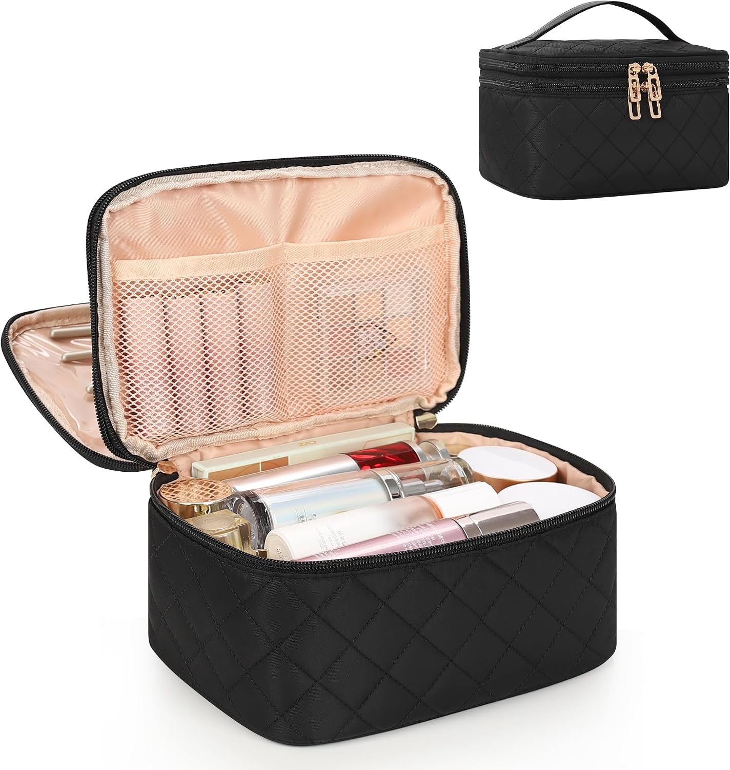 image:imageRelavel Travel Makeup Bag Large Floral Cosmetic Bag with Makeup Brush Compartment Portable Makeup Pouch for Women Double Layer Makeup Organizer Bag Cute Toiletry Bag01Black