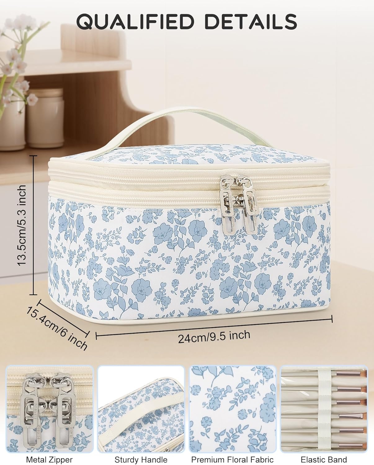 image:imageRelavel Travel Makeup Bag Large Floral Cosmetic Bag with Makeup Brush Compartment Portable Makeup Pouch for Women Double Layer Makeup Organizer Bag Cute Toiletry Bag01Blue Flower