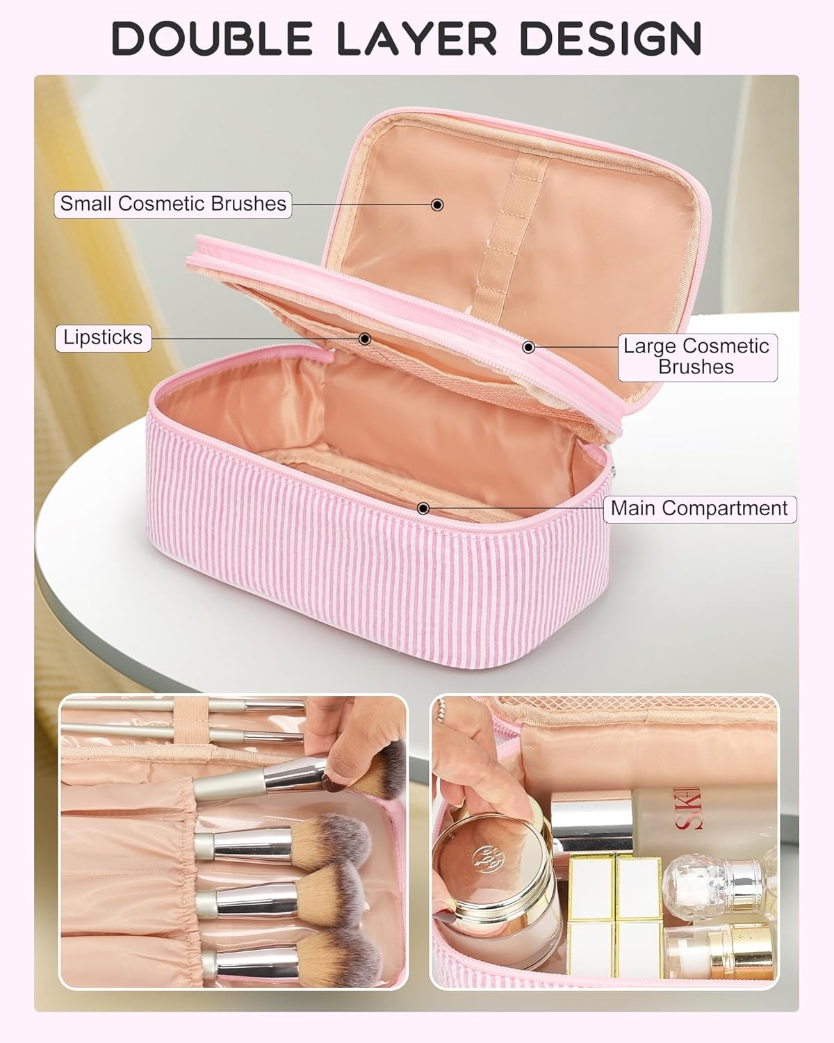 image:imageRelavel Travel Makeup Bag Large Floral Cosmetic Bag with Makeup Brush Compartment Portable Makeup Pouch for Women Double Layer Makeup Organizer Bag Cute Toiletry Bag01Pink Strip