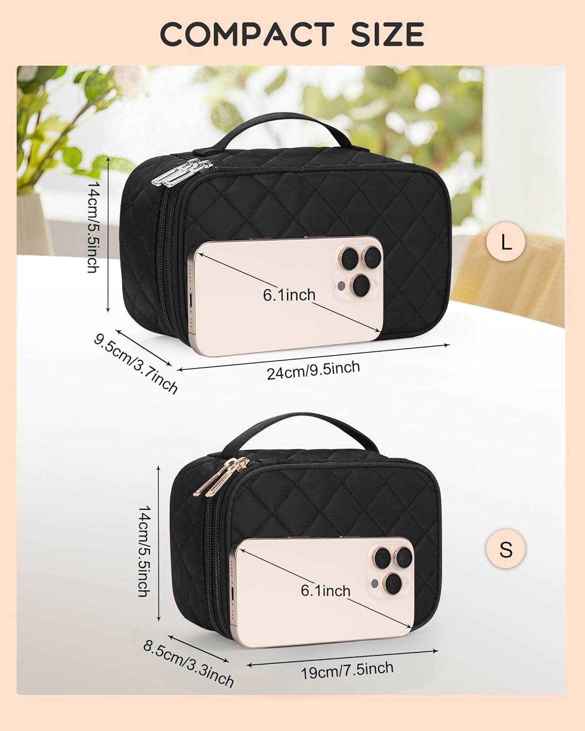 image:imageRelavel Travel Makeup Bag Large Floral Cosmetic Bag with Makeup Brush Compartment Portable Makeup Pouch for Women Double Layer Makeup Organizer Bag Cute Toiletry Bag01Black
