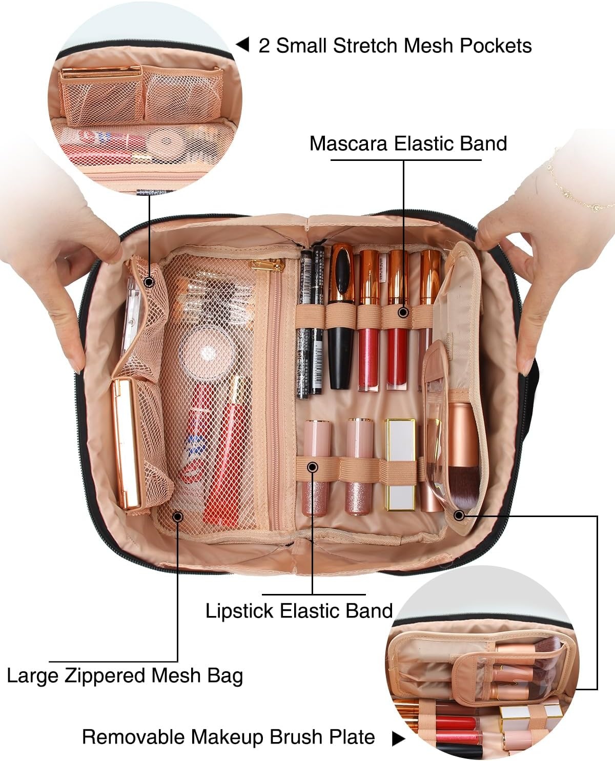 image:imageRelavel Travel Makeup Bag Large Floral Cosmetic Bag with Makeup Brush Compartment Portable Makeup Pouch for Women Double Layer Makeup Organizer Bag Cute Toiletry Bag01Black