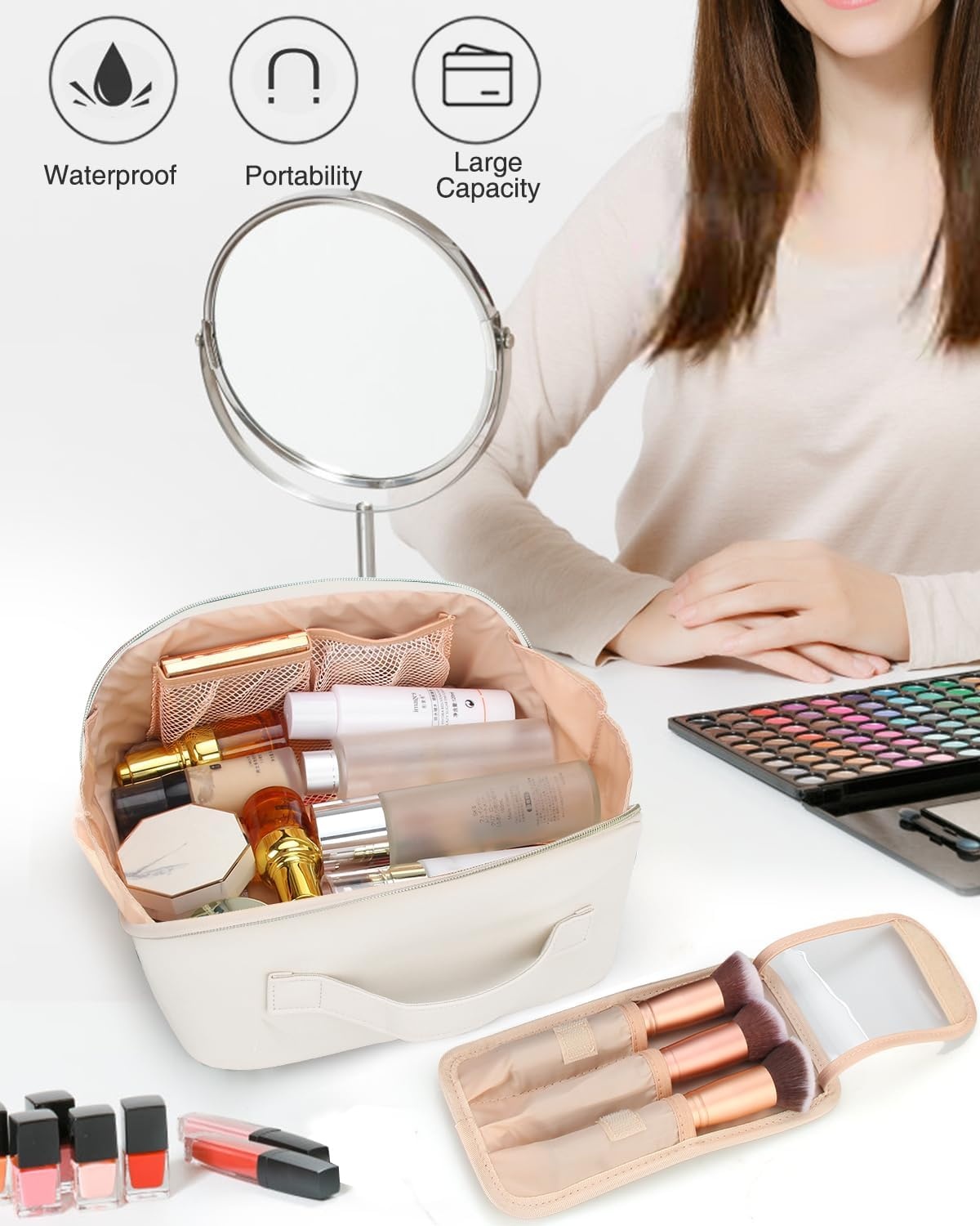 image:imageRelavel Travel Makeup Bag Large Floral Cosmetic Bag with Makeup Brush Compartment Portable Makeup Pouch for Women Double Layer Makeup Organizer Bag Cute Toiletry Bag02White