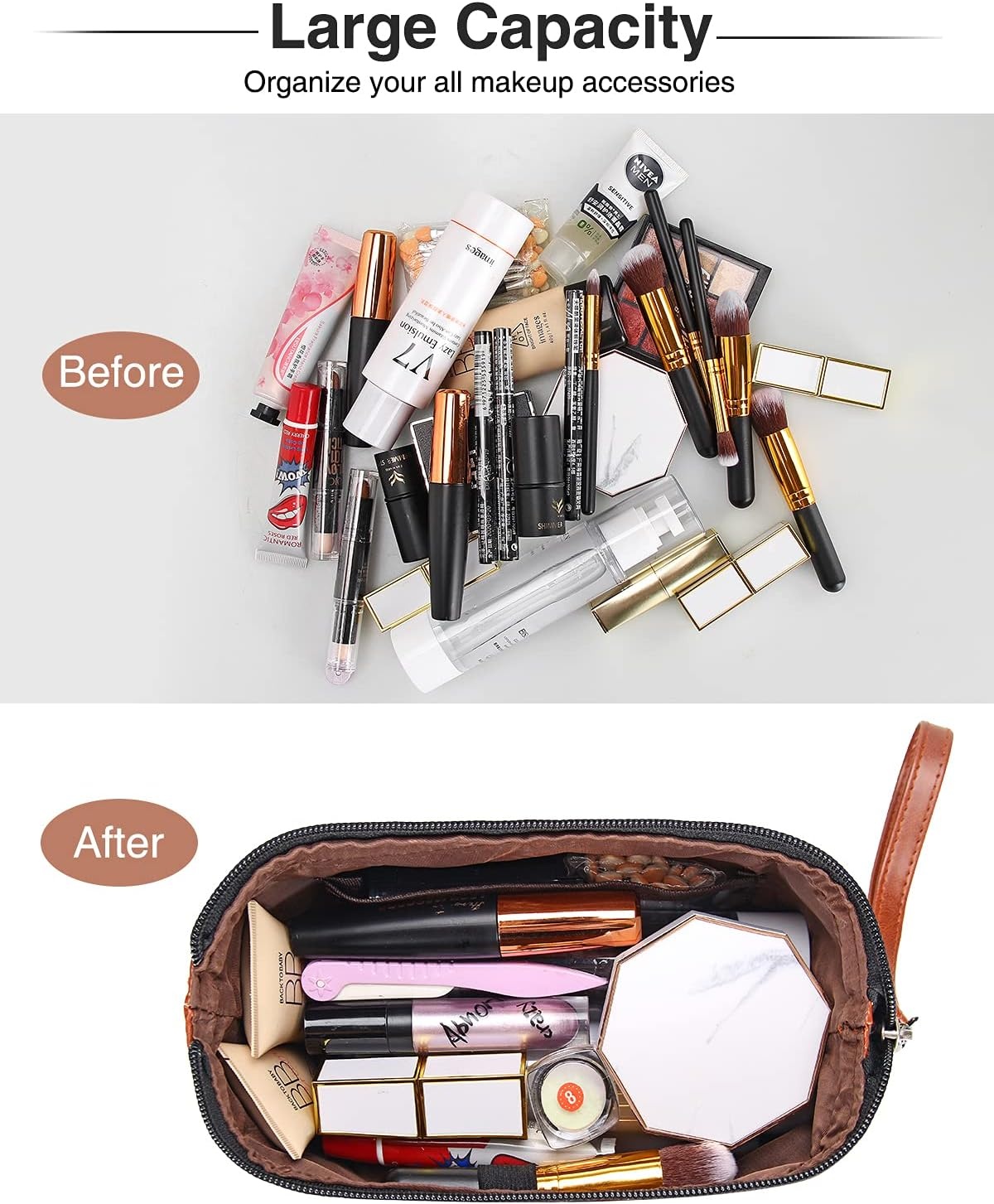 image:imageRelavel Travel Makeup Bag Large Floral Cosmetic Bag with Makeup Brush Compartment Portable Makeup Pouch for Women Double Layer Makeup Organizer Bag Cute Toiletry Bag03Brown Black