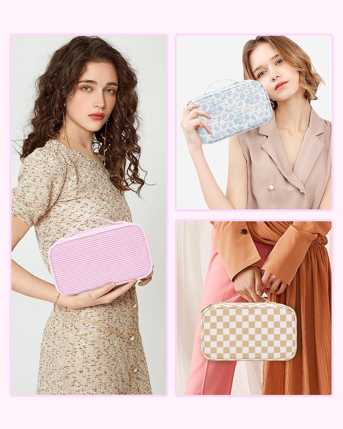image:imageRelavel Travel Makeup Bag Large Floral Cosmetic Bag with Makeup Brush Compartment Portable Makeup Pouch for Women Double Layer Makeup Organizer Bag Cute Toiletry Bag01Pink Strip