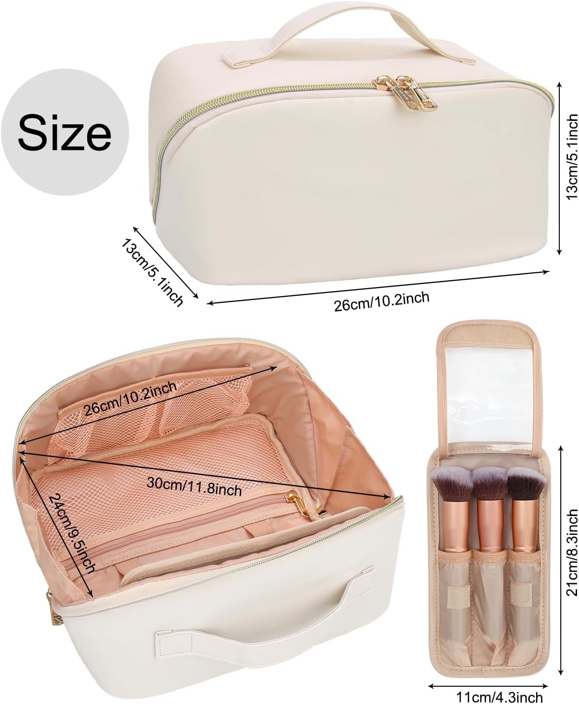 image:imageRelavel Travel Makeup Bag Large Floral Cosmetic Bag with Makeup Brush Compartment Portable Makeup Pouch for Women Double Layer Makeup Organizer Bag Cute Toiletry Bag02White