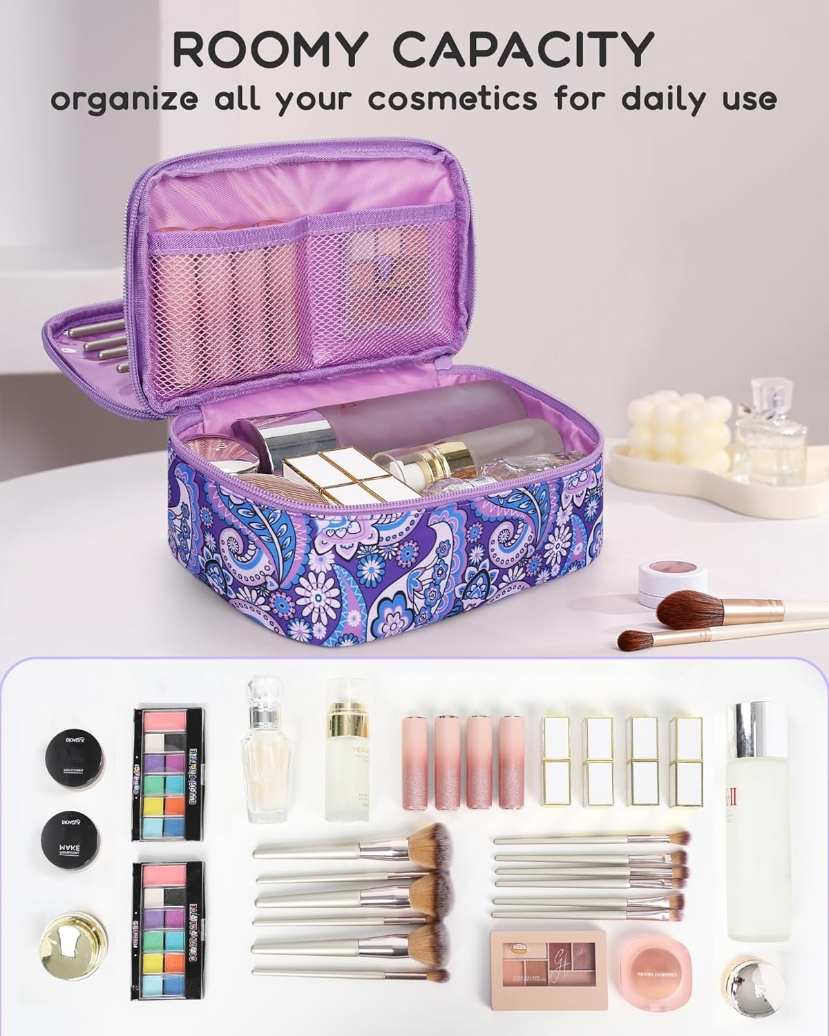 image:imageRelavel Travel Makeup Bag Large Floral Cosmetic Bag with Makeup Brush Compartment Portable Makeup Pouch for Women Double Layer Makeup Organizer Bag Cute Toiletry Bag01BFloral Purple